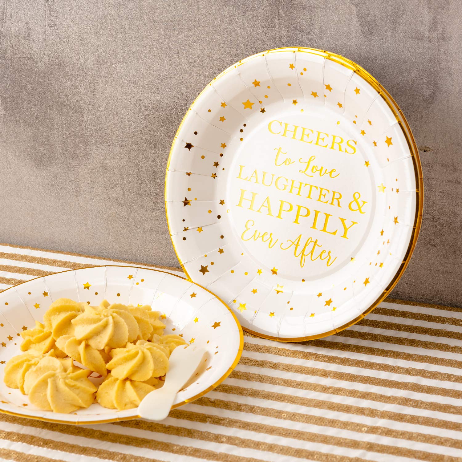 Crisky 50 Counts Cheers To Love Gold Plates For Bridal Shower, Wedding, Engagement, Bachelorett Party Decorations, Dessert, Buff