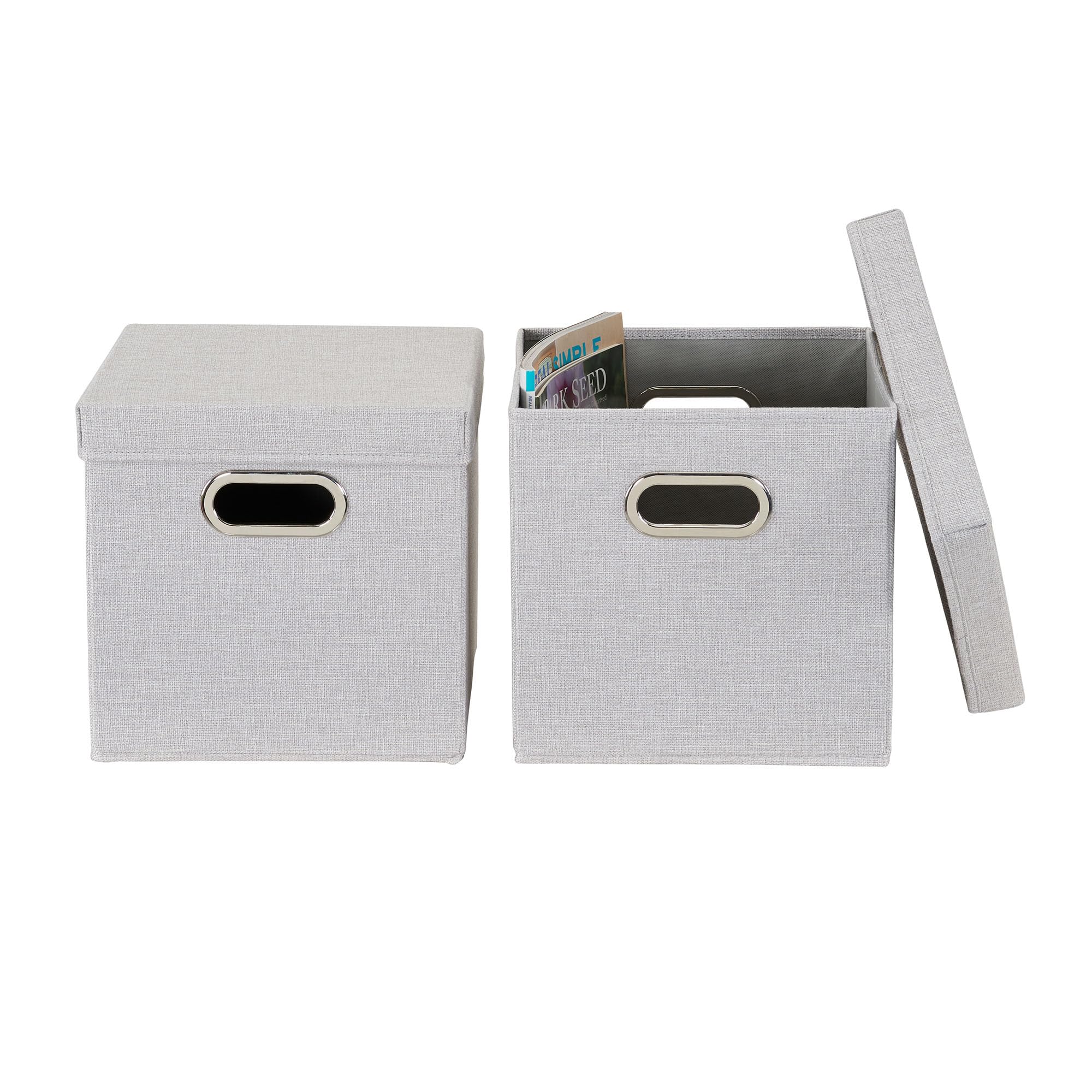 Household Essentials 804-1 Caf   Cube Bin Storage Set With Lids And Handles | 2 Pack, Grey Linen