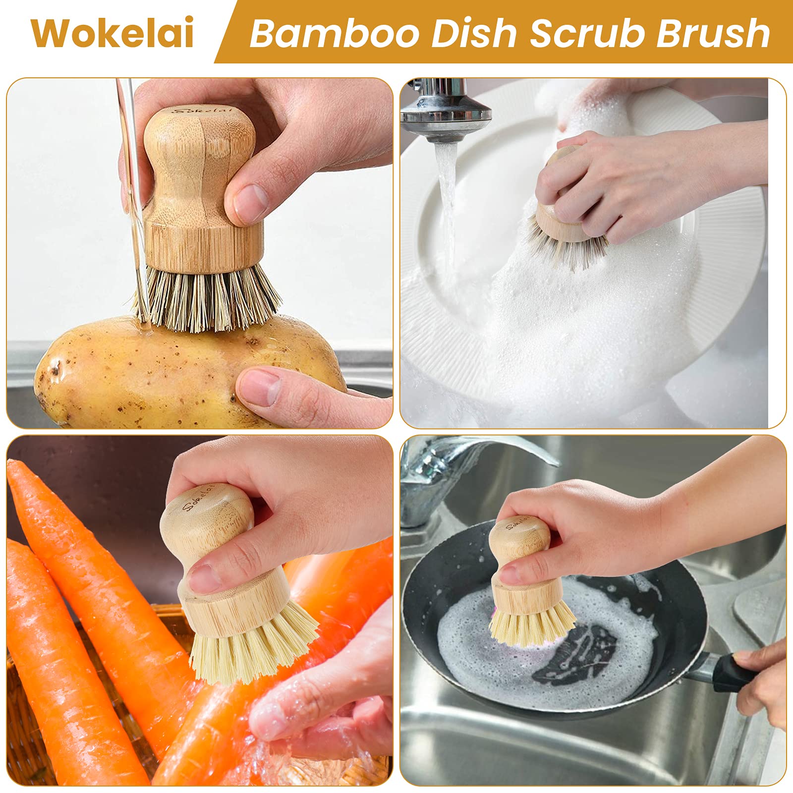 Bamboo Dish Scrub Brushes Set For Kitchen - Wooden Cleaning Scrubbers Brushes, Eco-Friendly Natural Dishes Washing Brush For Dis