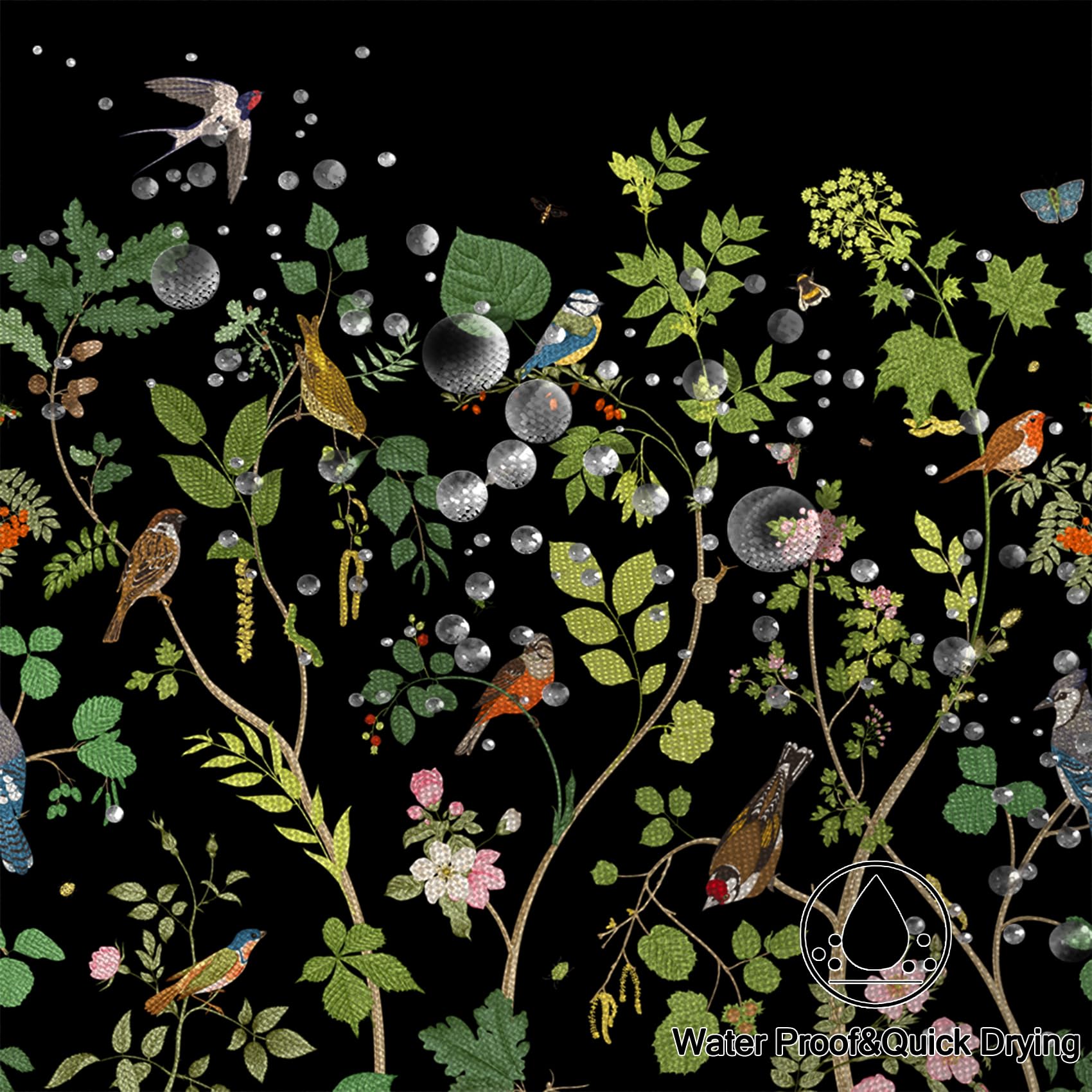 Yanutan Birds With Green Plants Shower Curtain, Animals Green Leaves Black Shower Curtain Set For Bathroom, Lively Birds Fabric