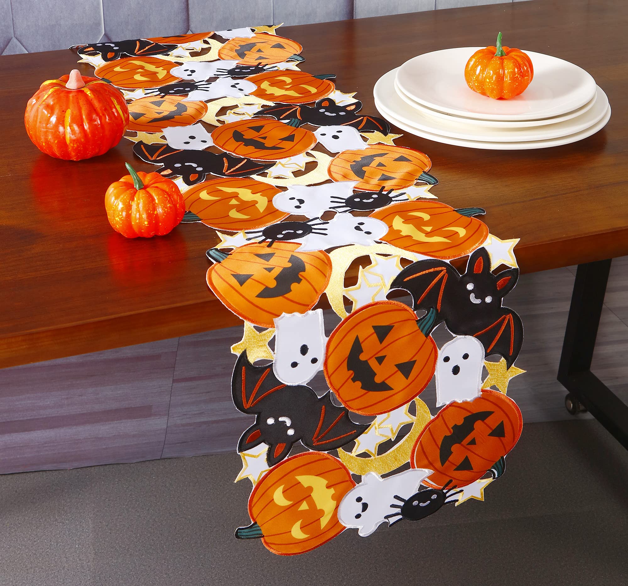 Holiday Halloween Table Runner 13''X36'' ,Cutwork Applique Embroidered Pumpkins And Bats Dresser Scarf For Home Dining Autumn Th