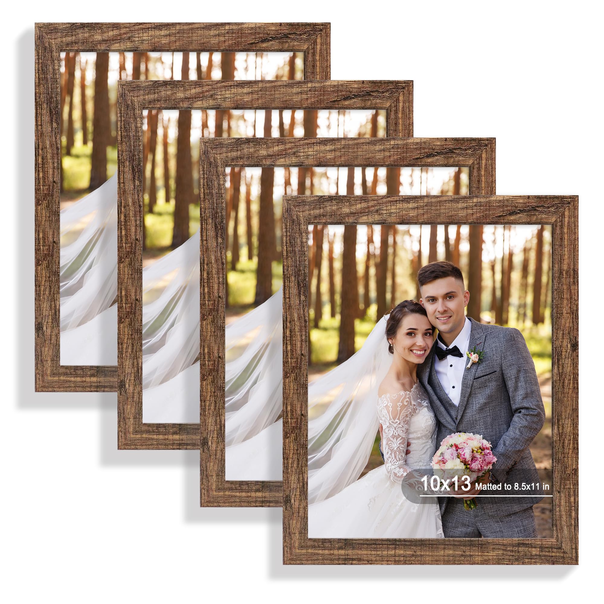 Hongkee 10x13 Picture Frame Set of 4, Made of Real Glass and Rustic Brown Frame, 10 by 13 Photo for Wall or Tabletop - Display P