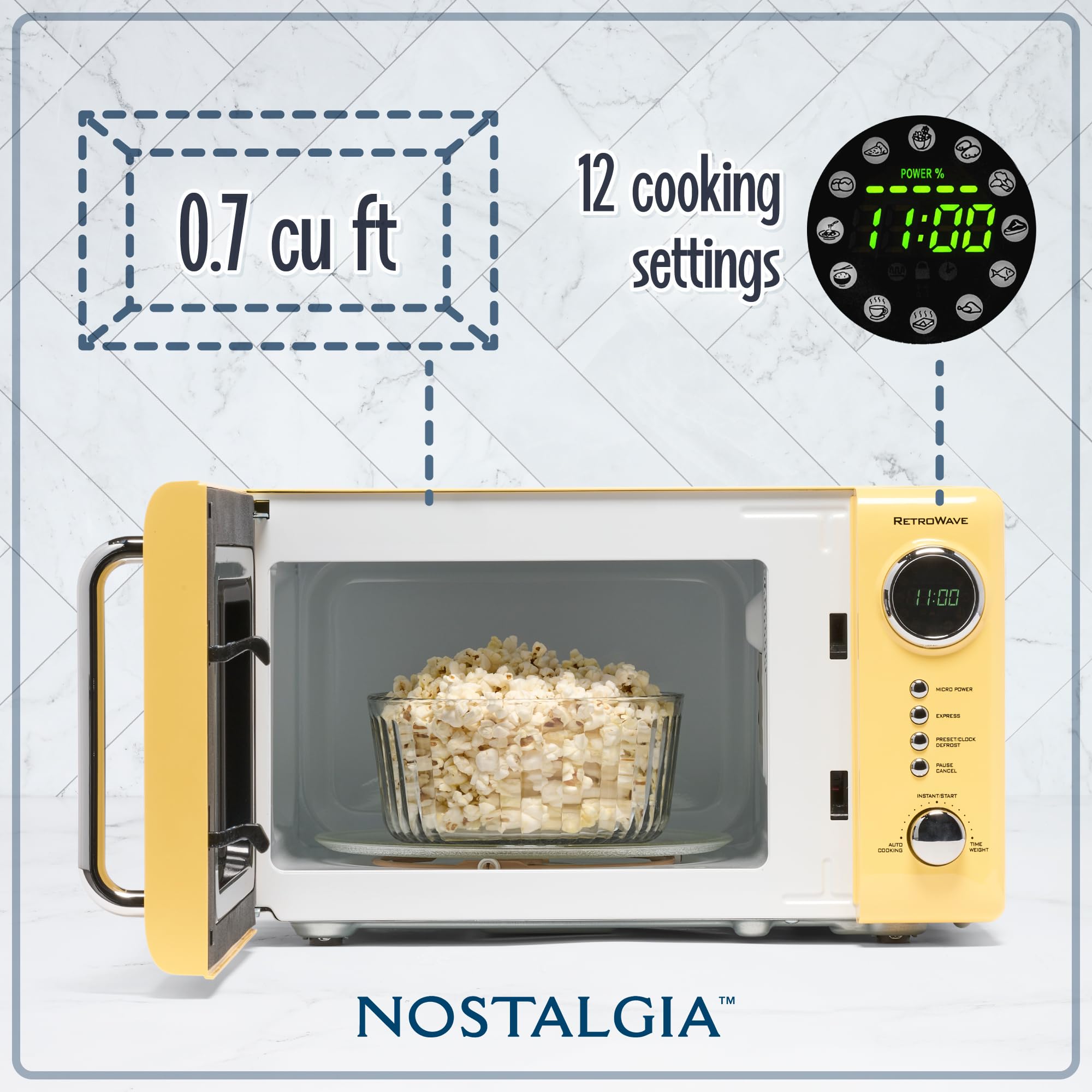 Nostalgia Nrmo7Yw6A Retro Compact Countertop Microwave Oven, 0.7 Cu. Ft. 700-Watts With Led Digital Display, Child Lock, Easy Cl