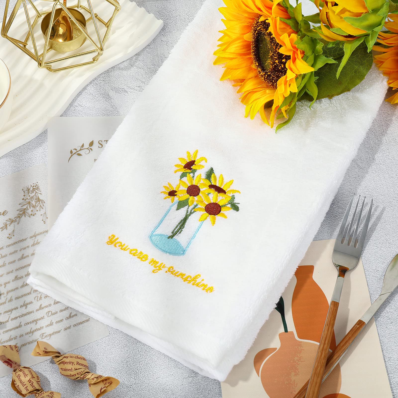 Anydesign 2 Pack Sunflower Hand Towels Spring Cotton Embroidered Flower Decorative Dish Towel For Bathroom Hand Drying Cleaning