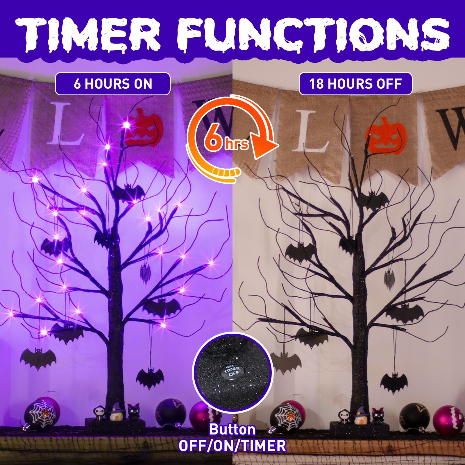EAMBRITE Halloween Tree, Black Halloween Decorations Indoor, 2FT Spooky Tabletop Trees Battery Operated with 24LED Purple Lights