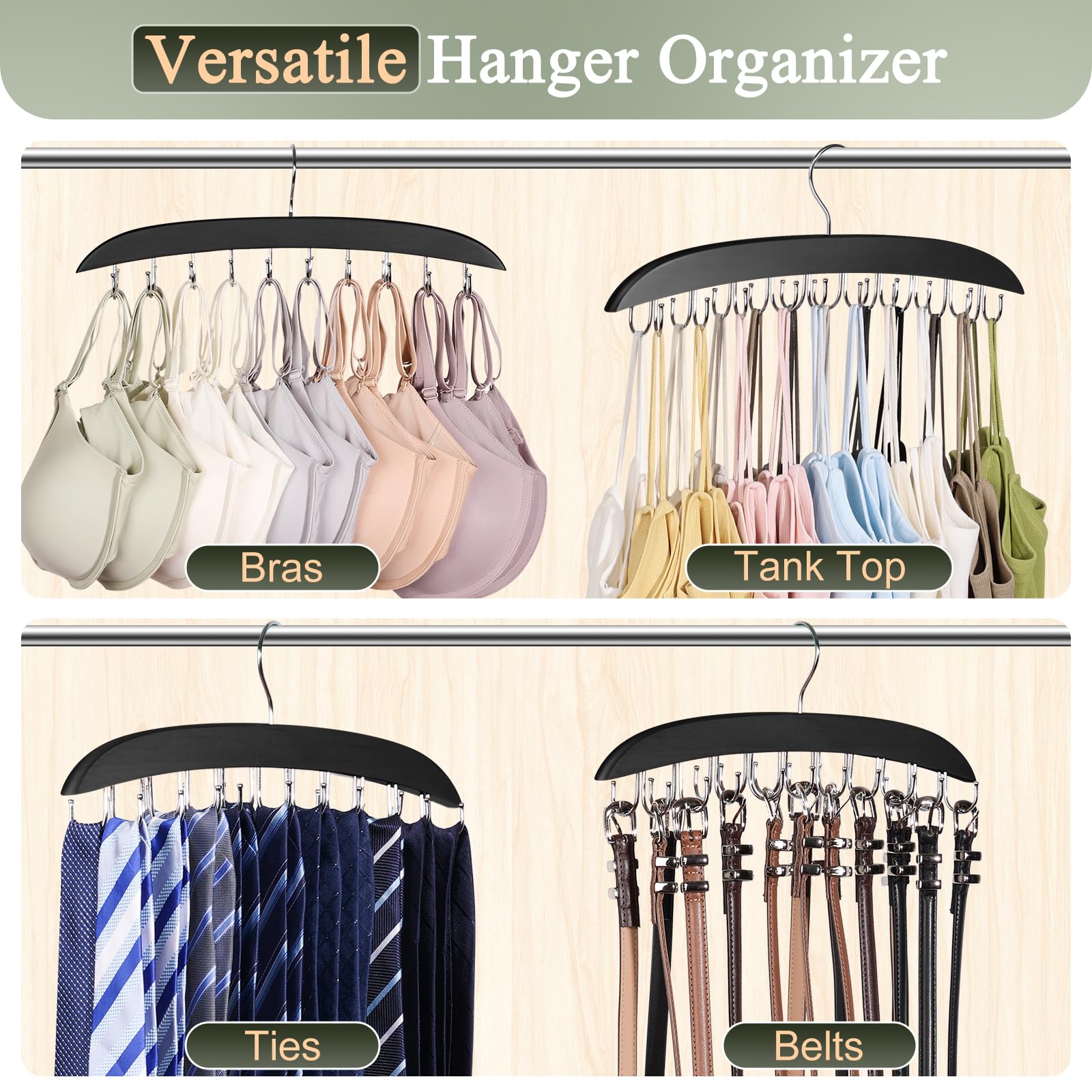 Nanati 2 Pack Bra Hangers For Closet Organizer, Bra Organizer With 40 Stainless Steel Hooks, Wooden Tank Top Hanger, Closet Orga