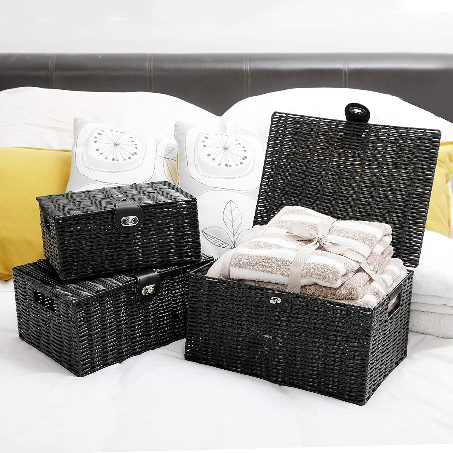 Honygebia Black Wicker Storage Baskets - Set Of 3 Decorative Nesting Boxes With Lids, Woven Basket With Lock & Handle, Organizer