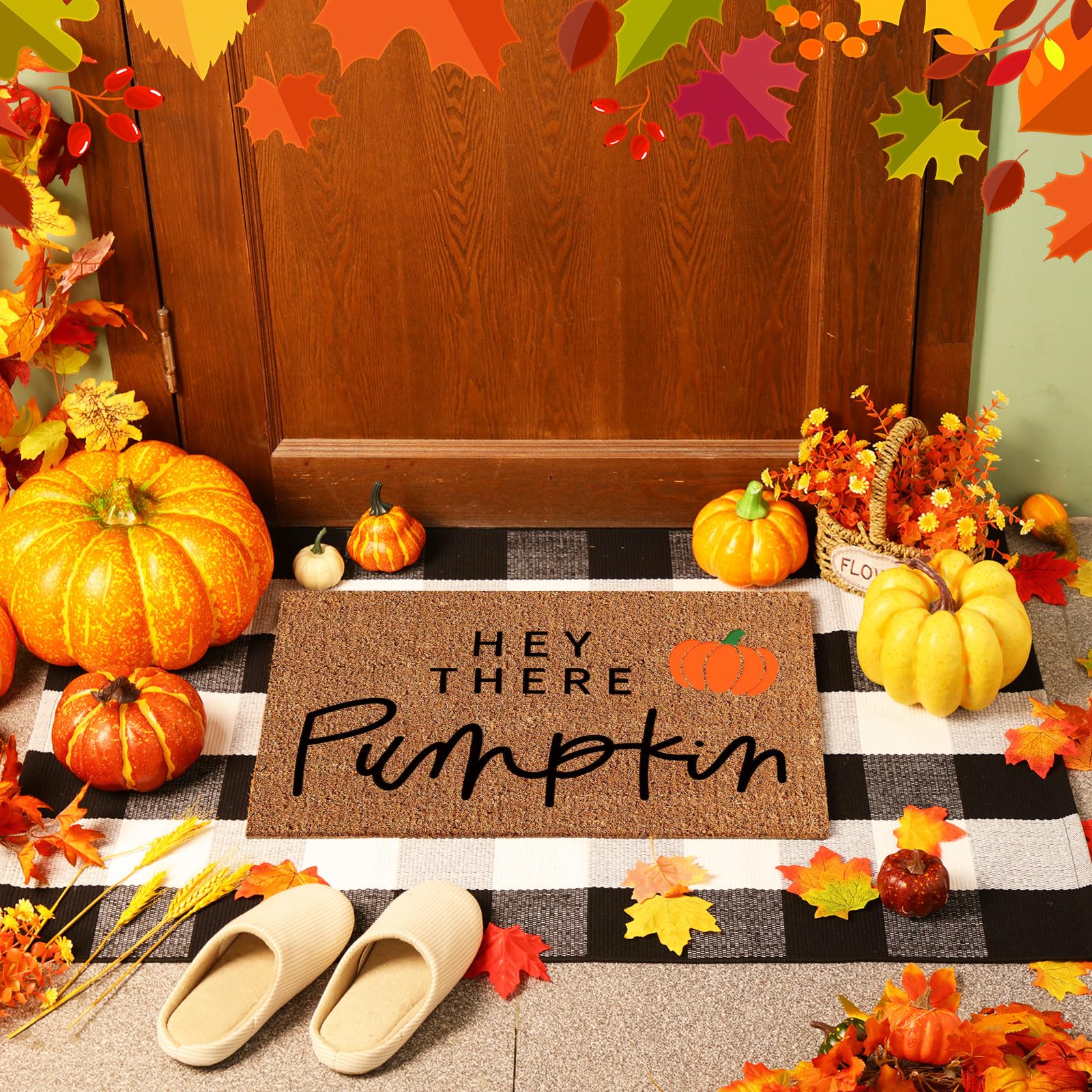 2 Pcs Fall Coir Doormat Outdoor Hey Pumpkin Welcome Outdoor Rugs for Layered Buffalo Black White Plaid Mats for Thanksgiving Aut