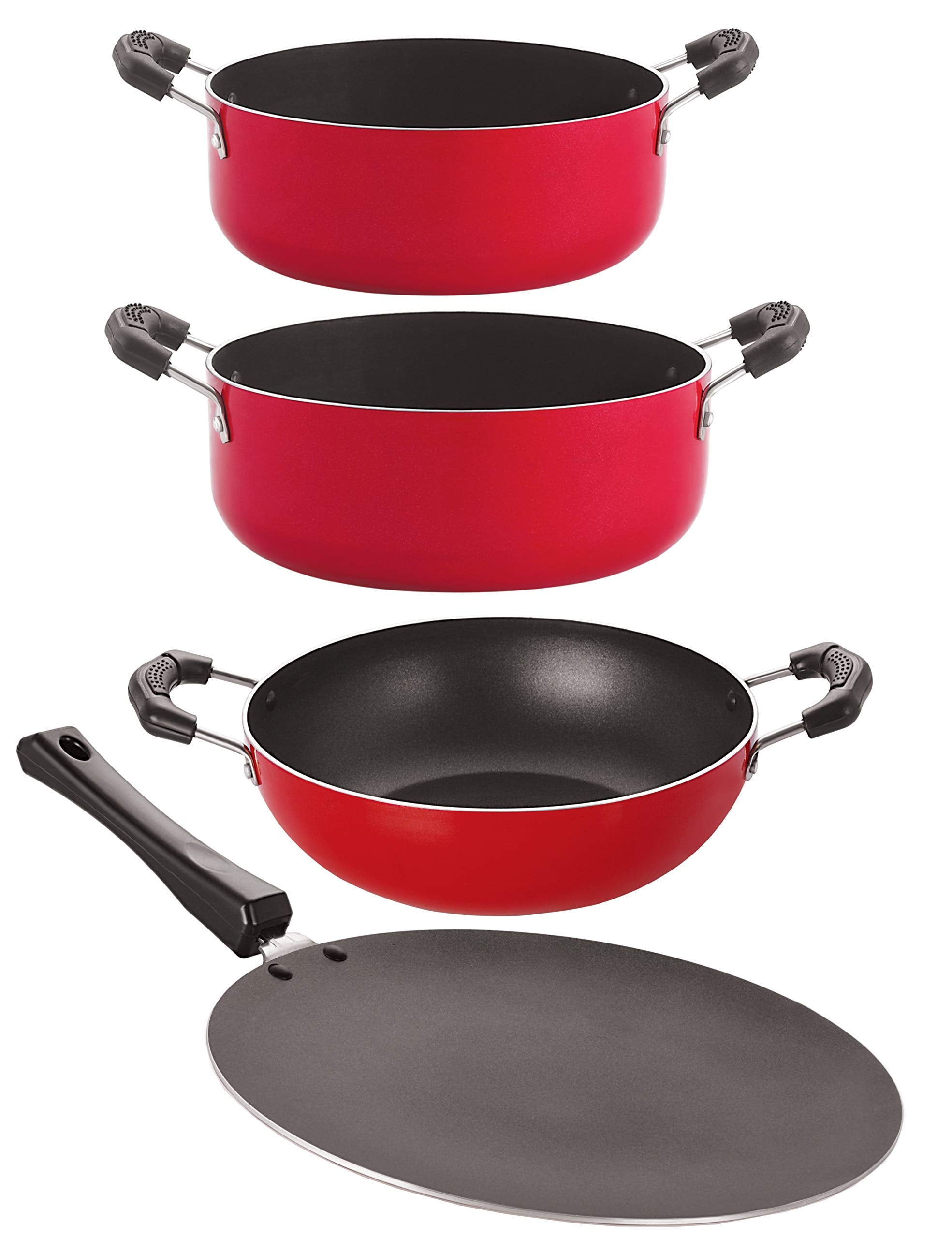 Nirlon Nonstick Aluminium Cookware Set, Red & Black (4Pieces) (Ct11_Kd10_Cs20_Cs24)
