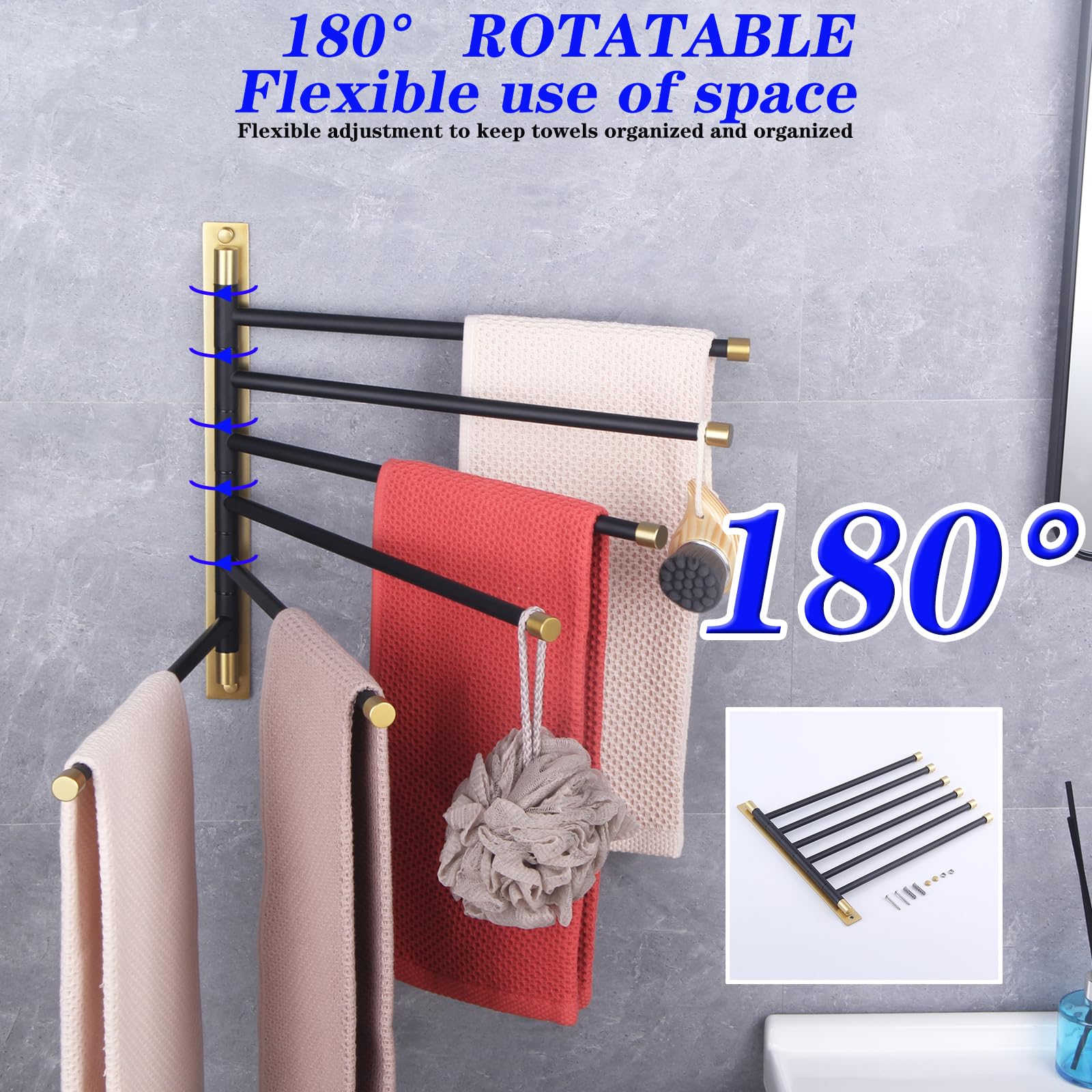 Gerzwy Bathroom Swing Arm Towel Bars Wall Mount Bath Towel Rack With 6 Arms Hanger Towel Holder Organizer Stainless Steel (Black