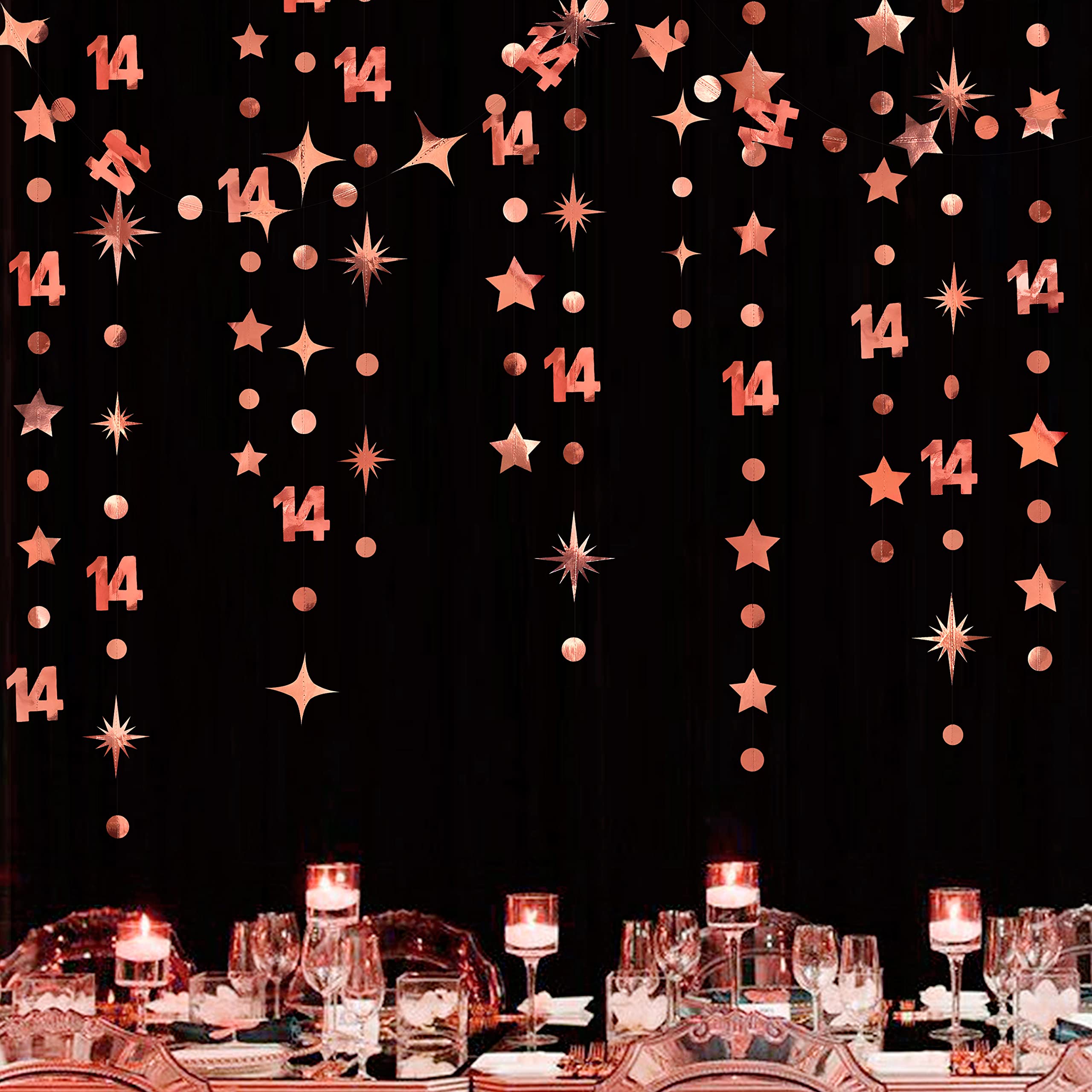 52Ft Rose Gold 14Th Birthday Decorations Number 14 Circle Dot Star Garland Metallic Hanging Streamer Banner Backdrop For Girls H