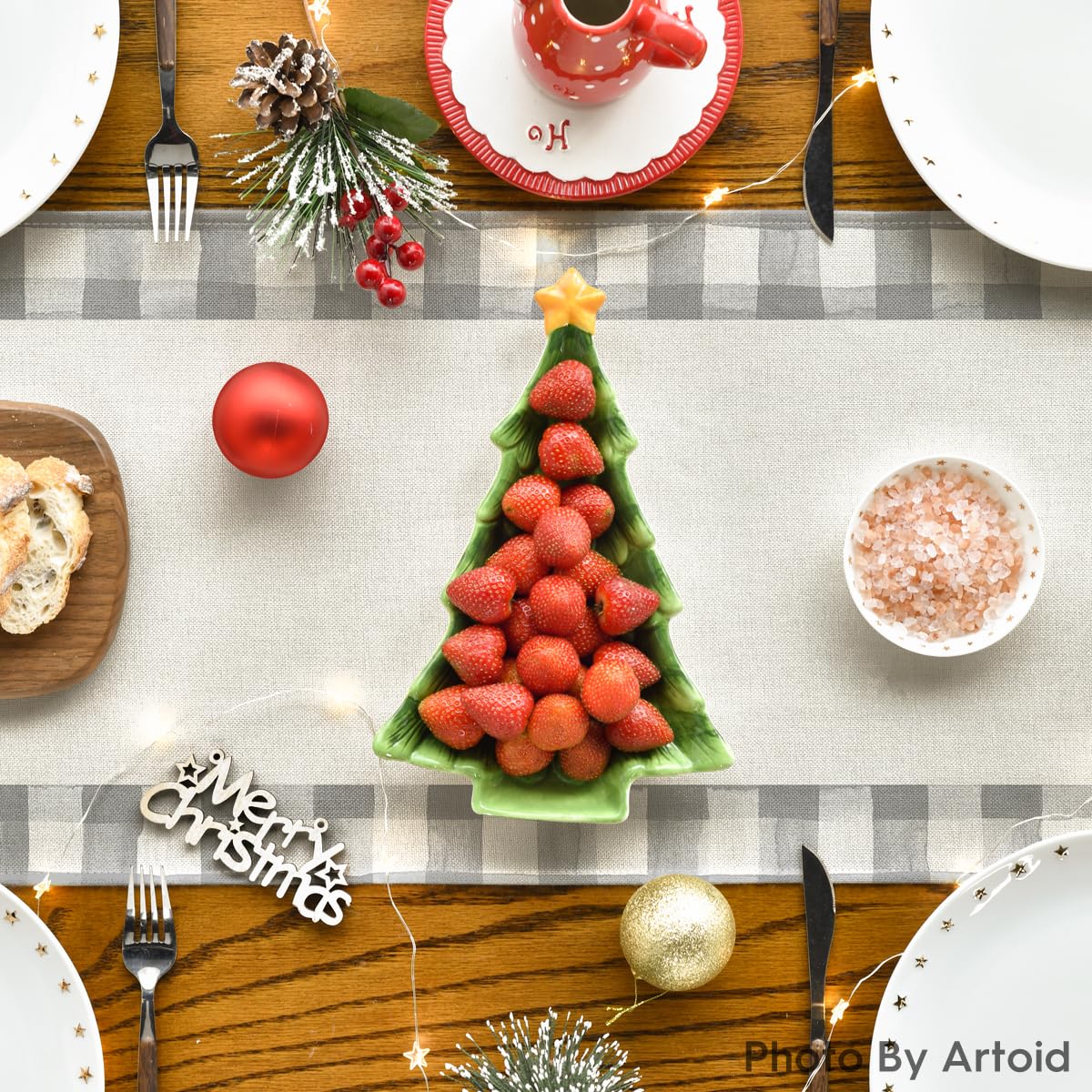 Artoid Mode Grey Buffalo Plaid Xmas Trees 2Pcs Merry Christmas Table Runner, Seasonal Winter Holiday Table Decoration For Home P