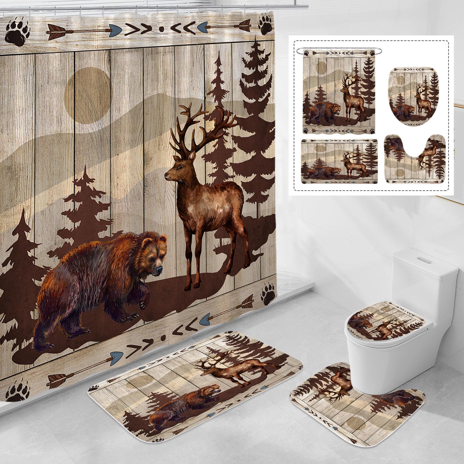 Litabel 4 Pcs Farmhouse Bear And Deer Shower Curtain Set With Non-Slip Rugs, Toilet Lid Cover And Bath Mat,Wooden Bathroom Decor