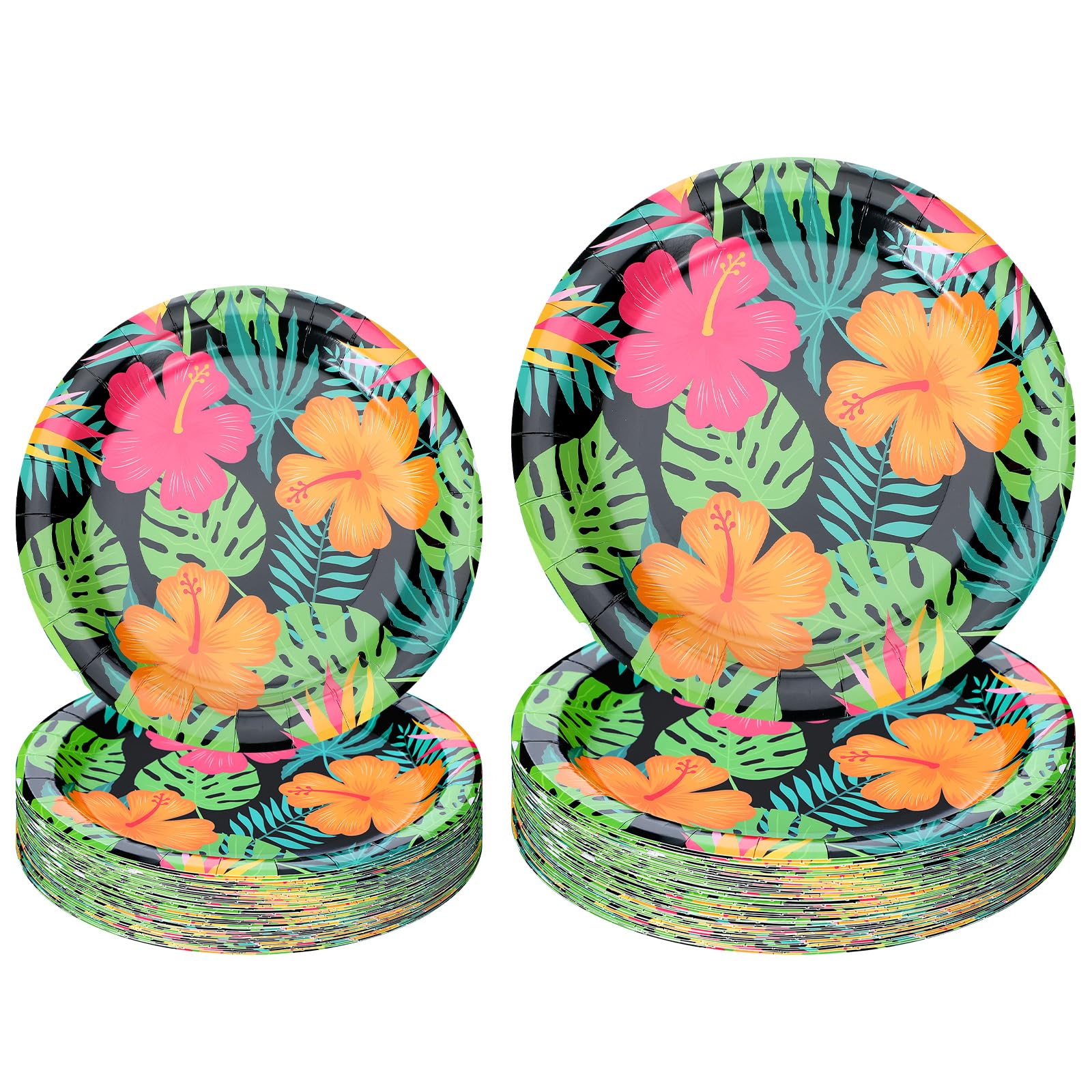 Honoson 100 Pcs Tropical Nights Paper Plates Hawaiian Party Supplies 7 Inch 9 Inch Disposable Luau Party Paper Plates for Summer
