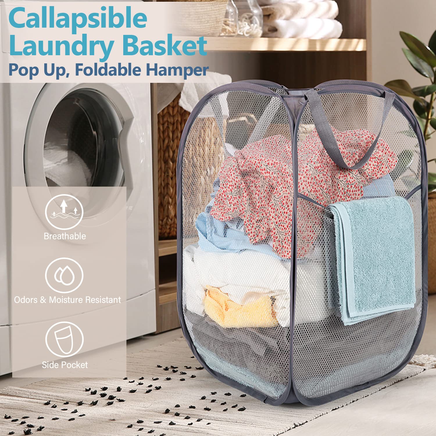Deluxe Strong Mesh Pop up Laundry Hamper Basket with Side Pocket for Laundry Room  Bathroom  Kids Room  College Dorm or Travel Grey