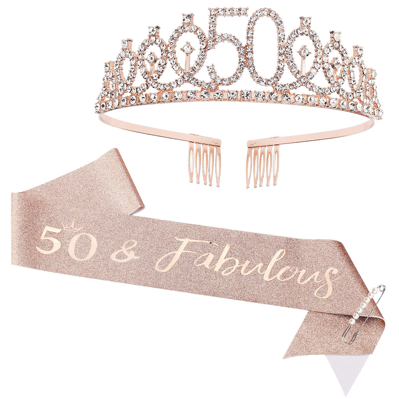 Cieher 50Th Birthday Crown + 50 & Fabulous Birthday Sash + Pearl Pin Set, 50Th Birthday Gifts For Women Friends 50Th Birthday De