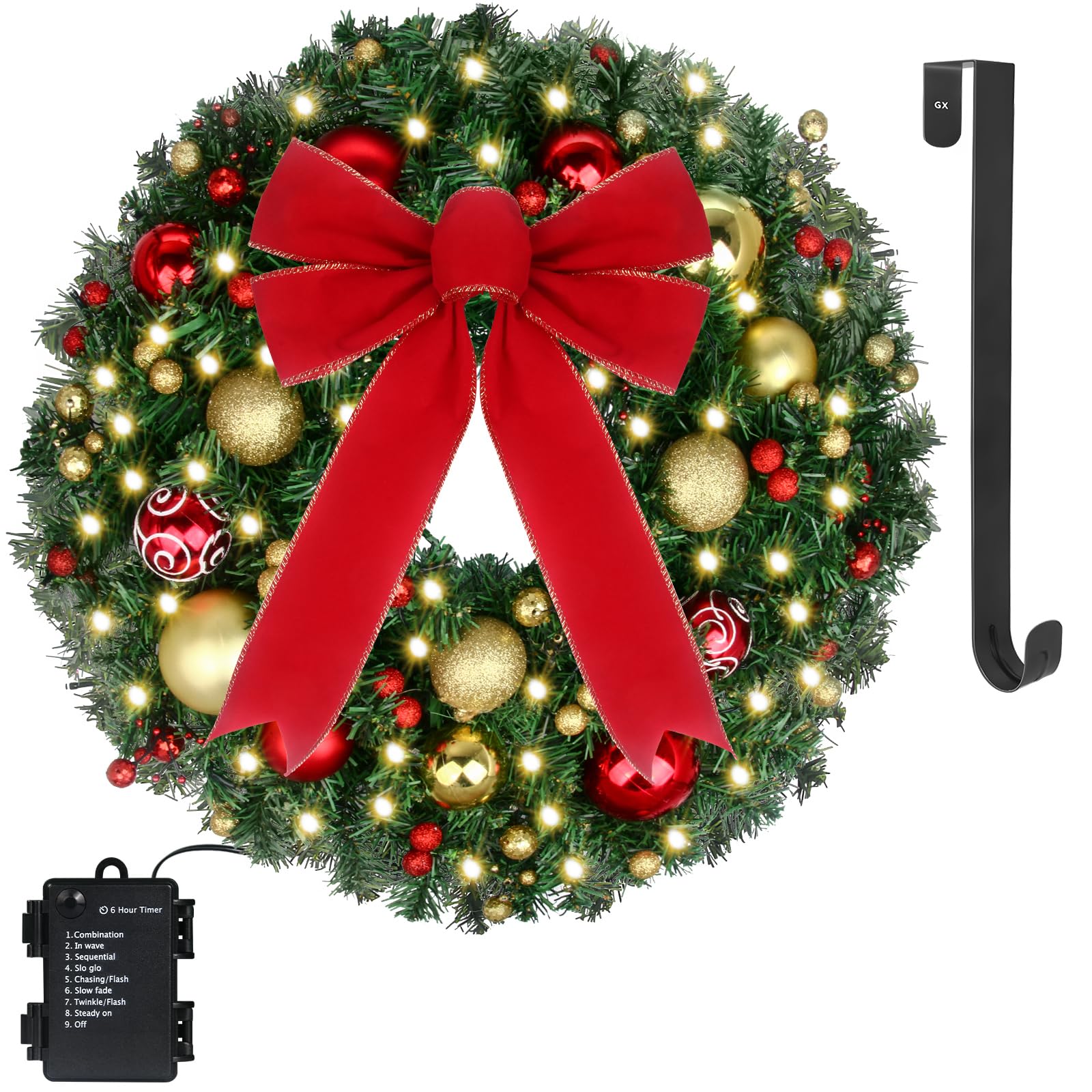 24 Pre-Lit Christmas Wreath with Lights - 50 LED and Timer, 8 Lighting Modes - Battery Operated Christmas Door Wreath with Balls