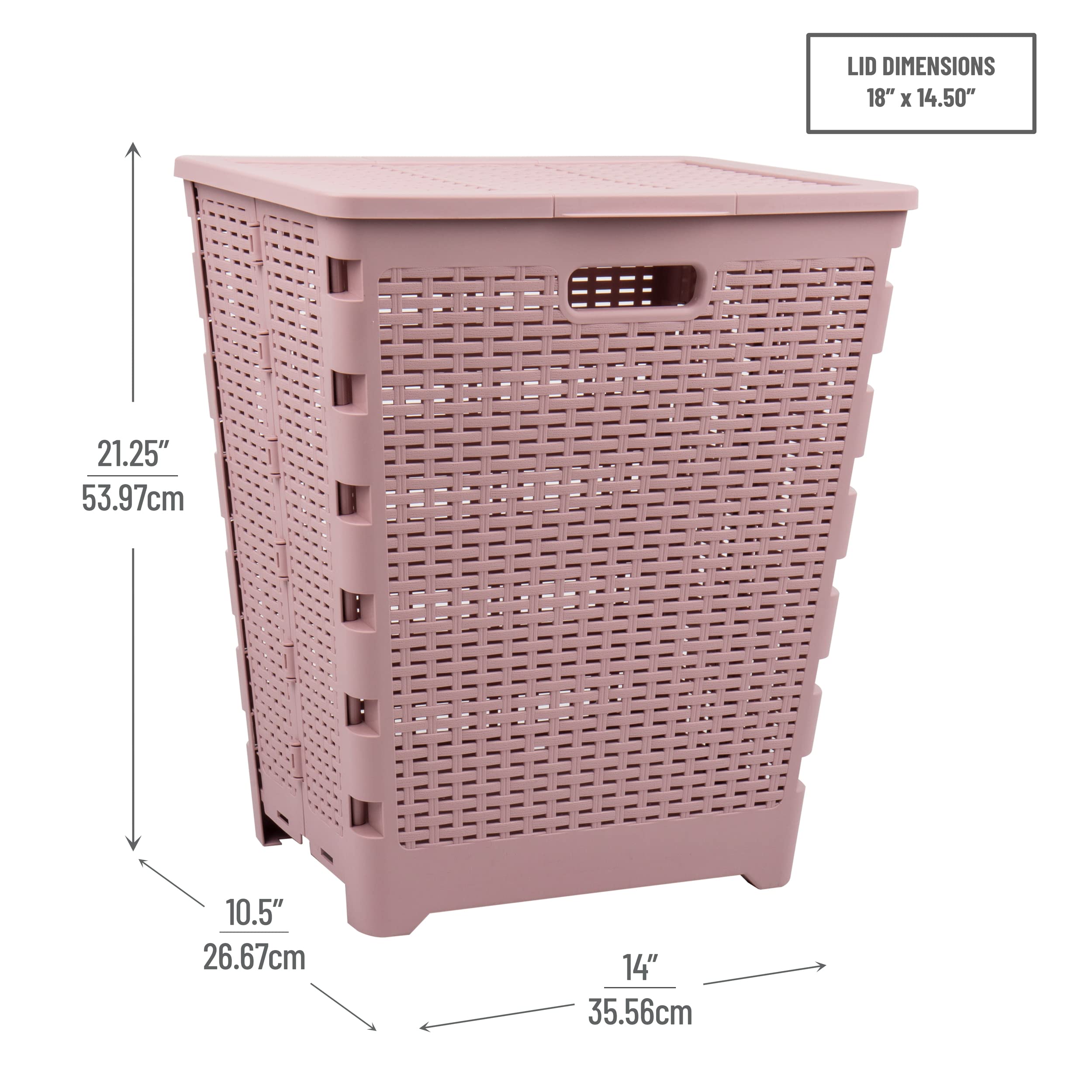 Mind Reader 61L Foldable Laundry Hamper, Clothes Basket, Lid, Wicker Design, Plastic, 18''L X 14.5''W X 21.25''H, Pink