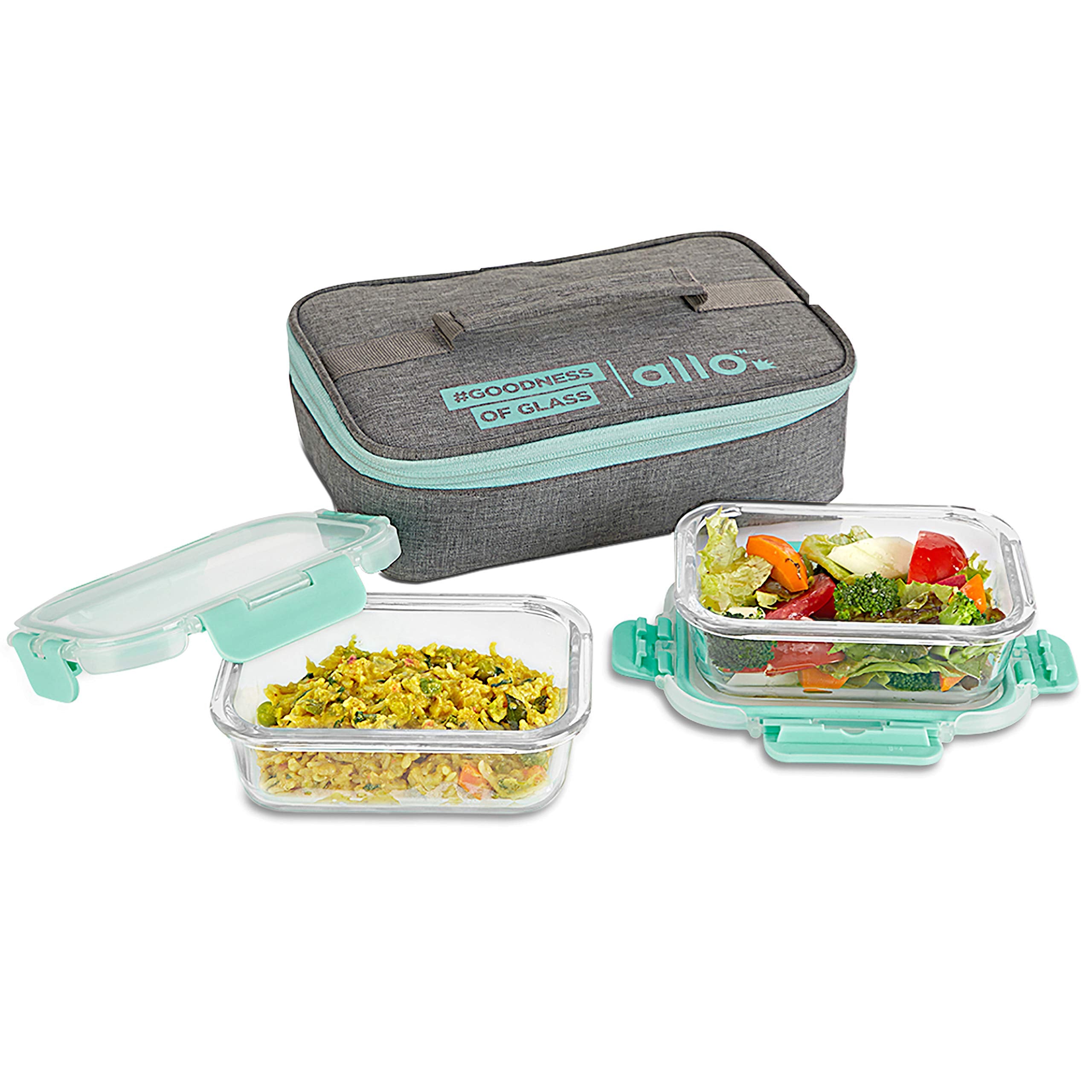 Allo FoodSafe 370ml x 2 Glass Microwave Oven Safe Lunch Box with Break Free Detachable Lock | High Borosilicate | Office Tiffin 