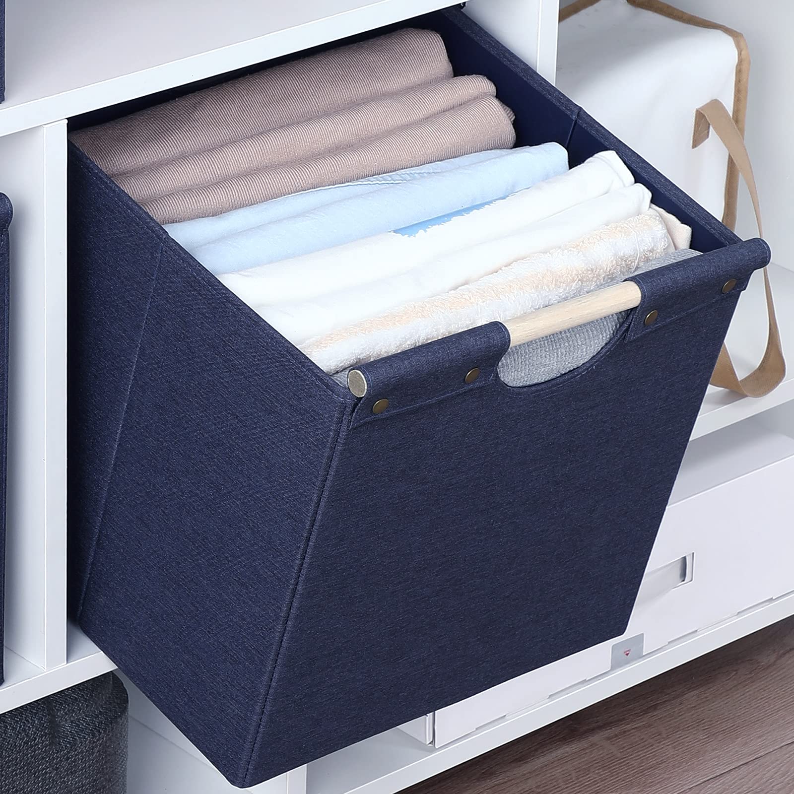 Hoonex Collapsible Storage Bins, 12X12X12In Storage Cubes Linen Fabric, 3 Pack, Storage Baskets With Wooden Carry Handles And St