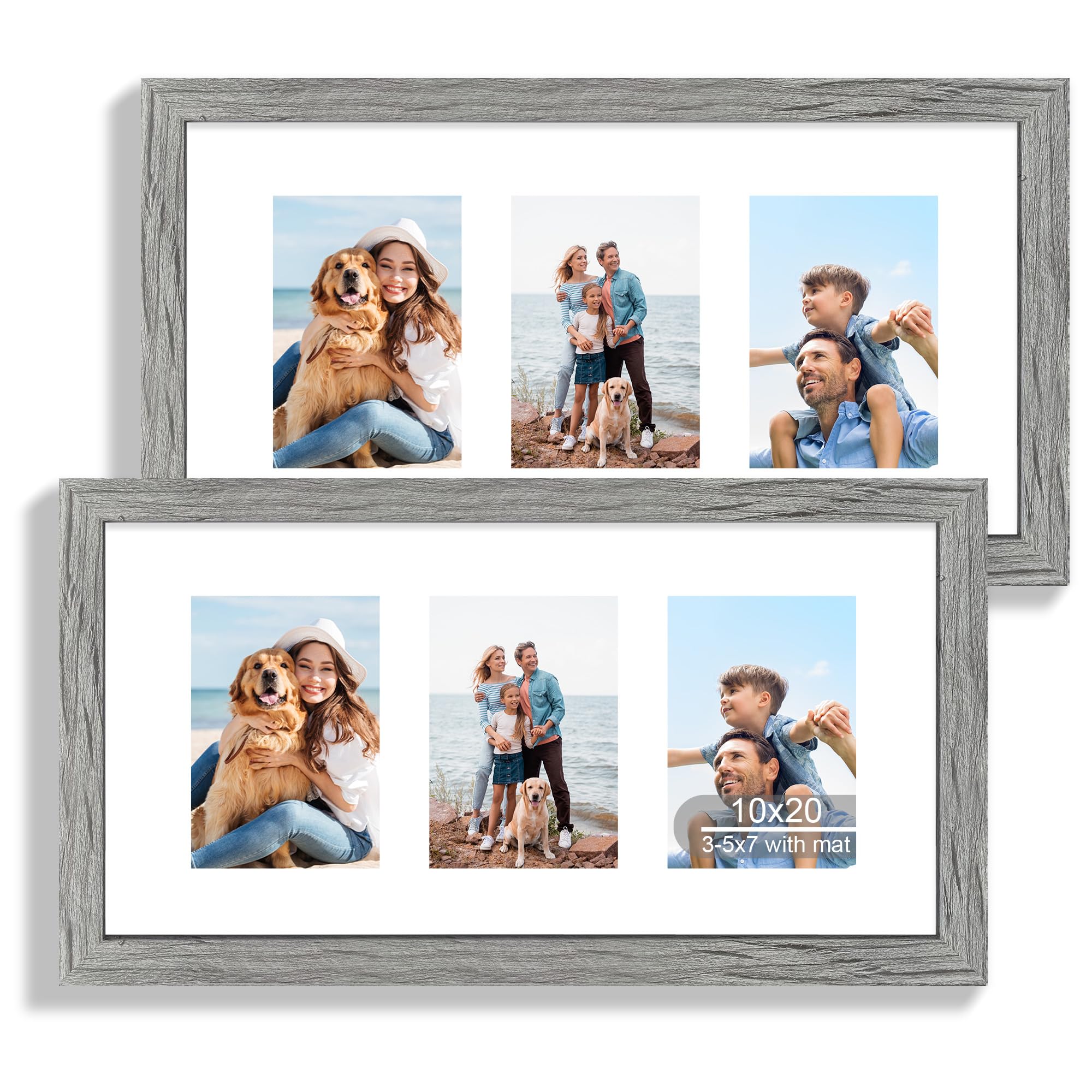 Hongkee 10x20 Picture Frame Set of 2, Rustic Grey Wood Frame with Real Glass Collage Frame, Display Pictures Three 5x7 With Mat 