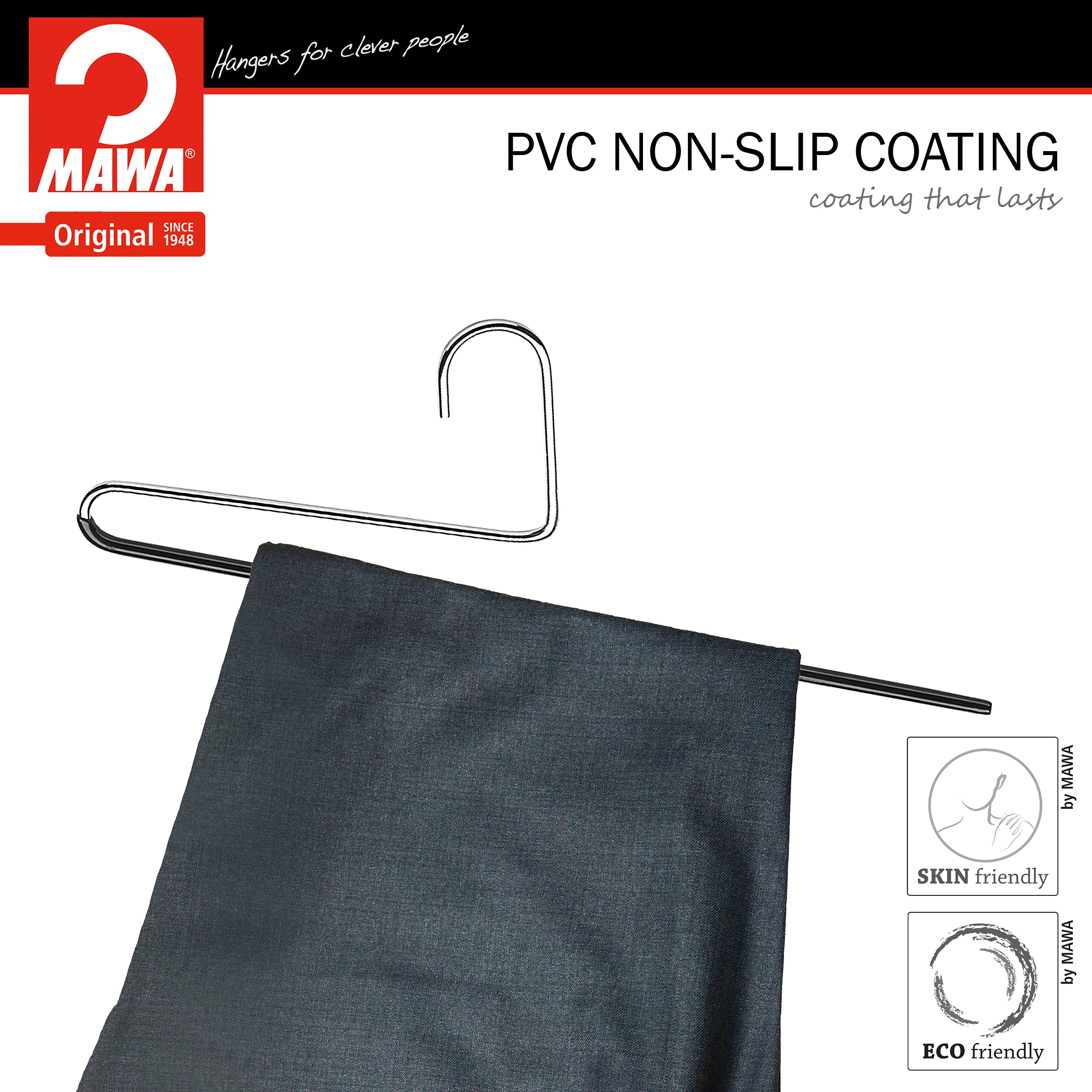 Mawa By Reston Lloyd Reverse Hook Trouser Series Non-Slip Space-Saving Clothes Hanger With Single Rod For Pants, Style Kh35U, Se
