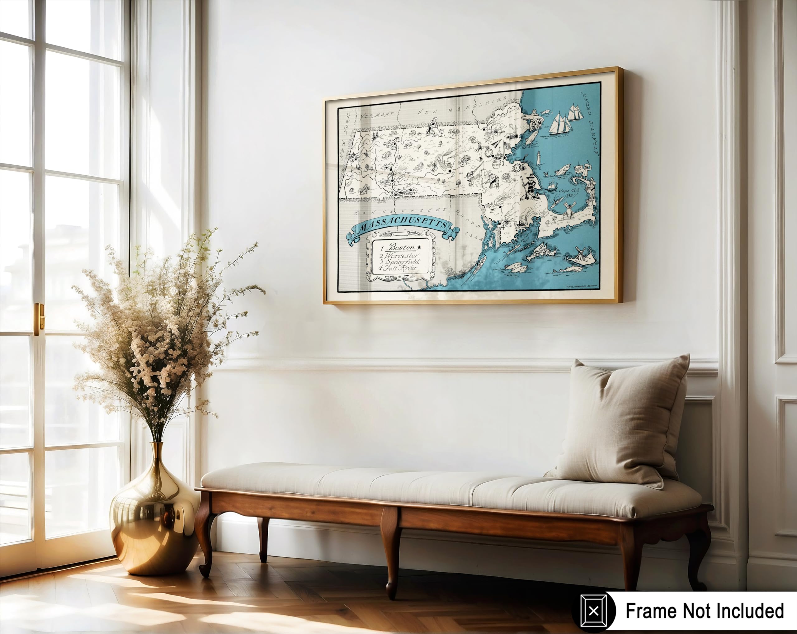 Poster Master Vintage Map Poster - Retro Massachusetts Map Print - Massachusetts State Map Art - Gift For Teacher, Student, Trav