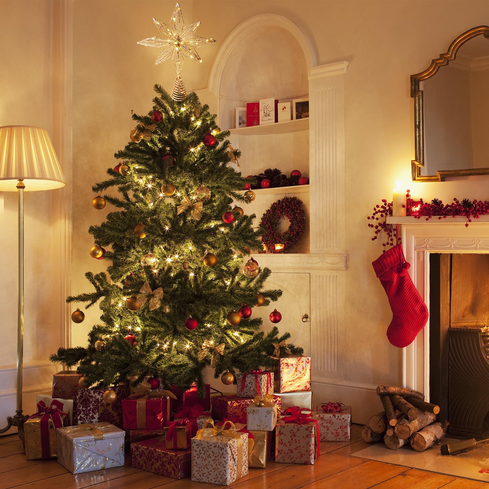 Christmas Tree Topper 10 Golden Glittered Star Tree Topper with 30 LED Lights Xmas Tree Topper Star for Xmas Decorations Ornamen