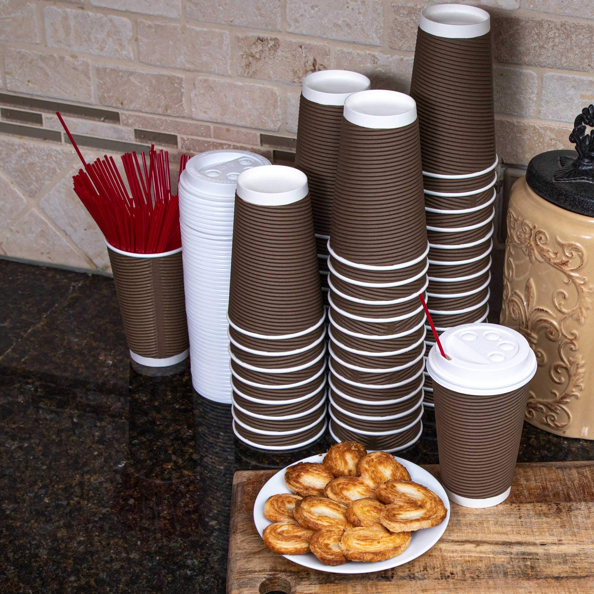 Disposable Coffee Cups With Lids And Stirrers 12 Oz (50 Set), Insulated Double Wall, No Drip Roll Up Rims, Easy To Grip Ripple D