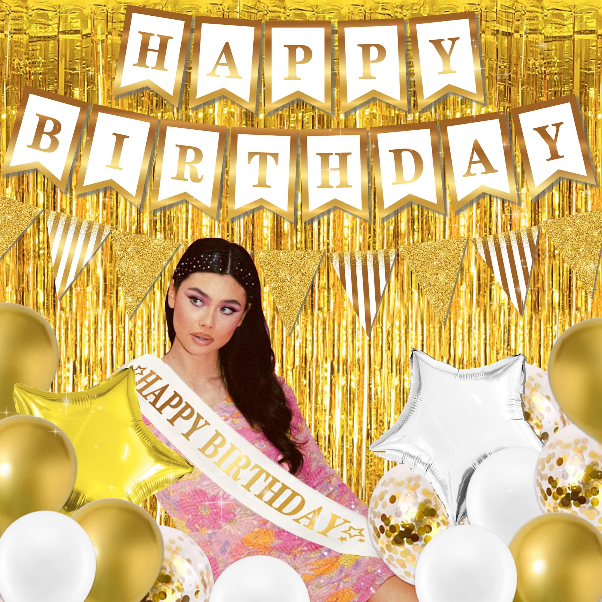 Gold Birthday Decorations For Women Men - (Total 89Pcs) Gold Party Banner, Pennant, Hanging Swirl, Foil Backdrops, Balloons, Gol