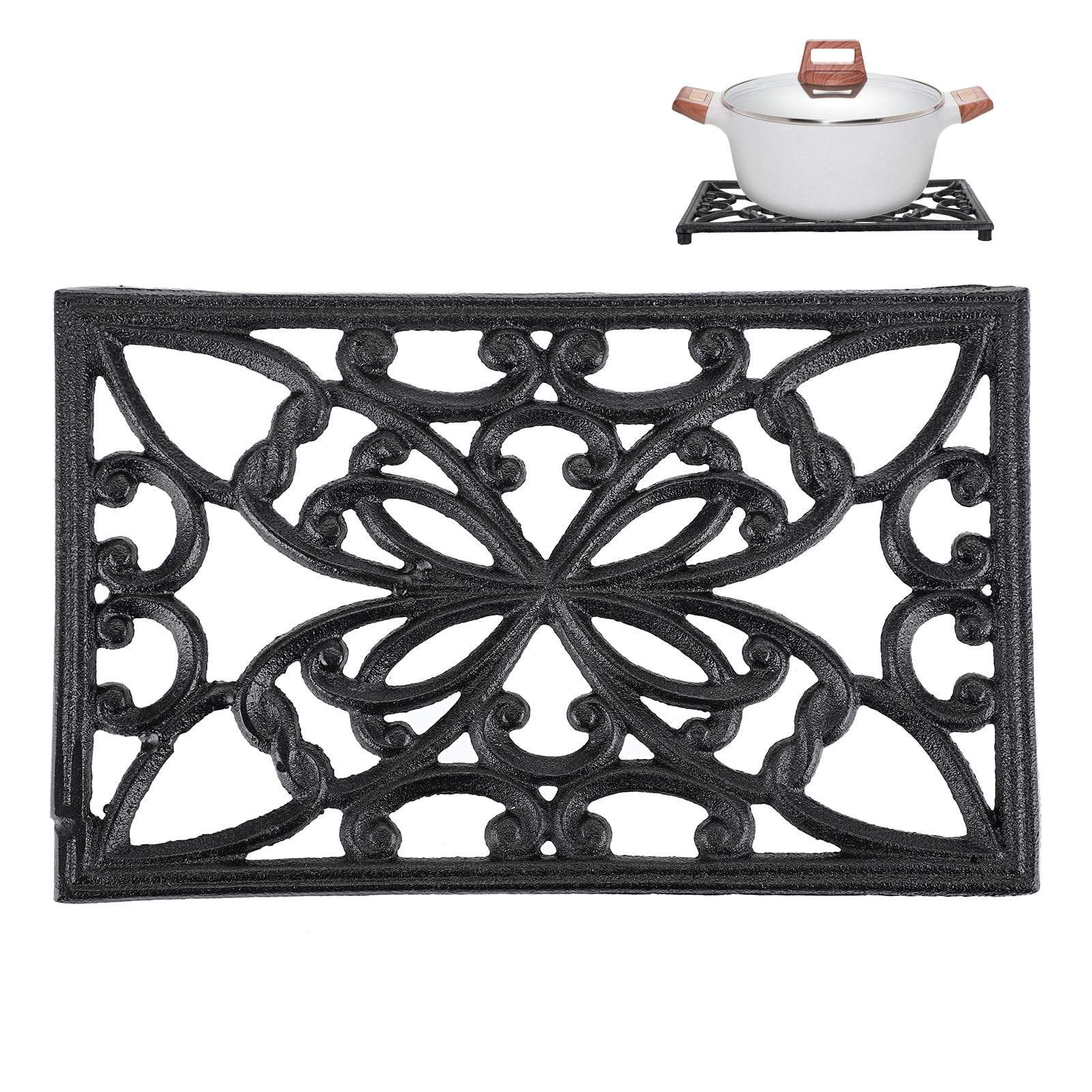 Sumnacon Rectangle 10 X 6.1 Inch Cast Iron Trivet - Rustic Heat Resistant Metal Trivet For Hot Dish Pot Pan Teapot, Vintage Stur