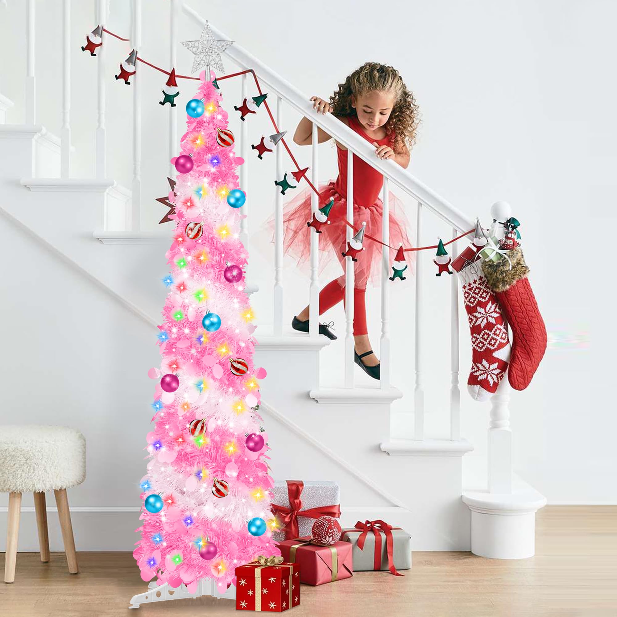 5FT Pop Up Christmas Tree with Timer 60 Warm White & Multi Color Fairy Light 3D Star 15 Ball Ornament, Pink White Tinsel Christm