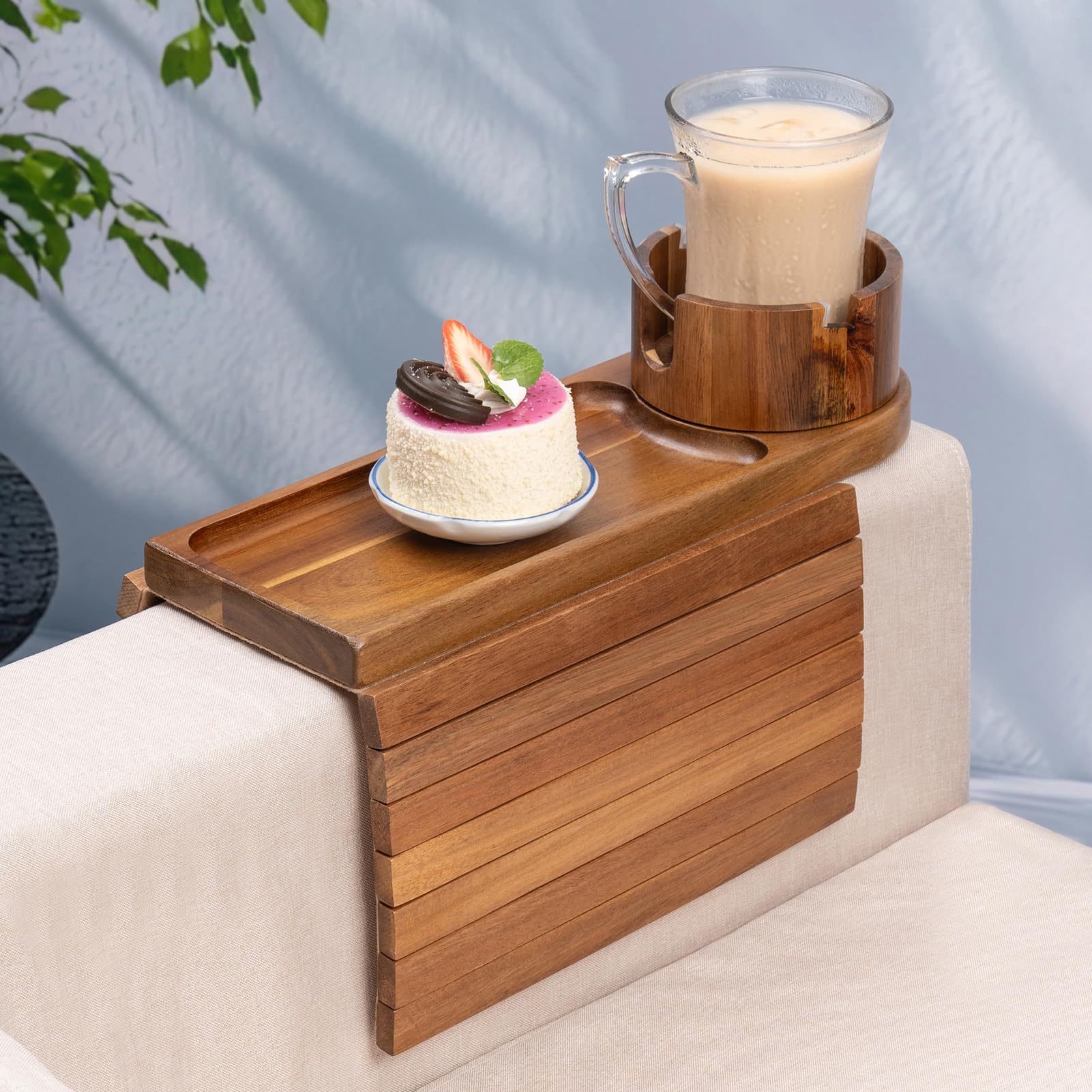 Couch Cup Holder Tray, Acacia Wood Couch Arm Tray with 360Rotating Cup Holder, 3 in 1 Foldable Sofa Arm Rest Tray Table for Remo