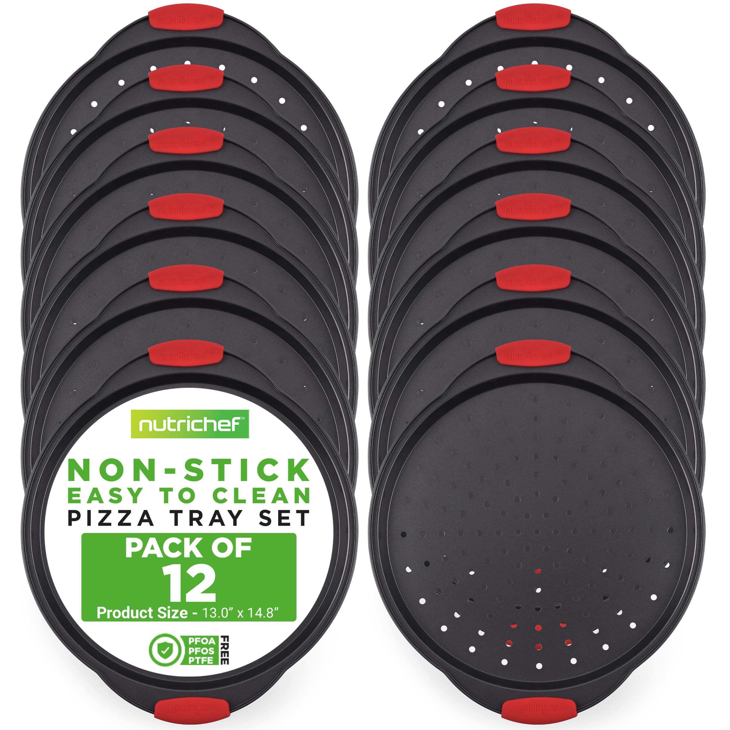 NutriChef 13-Inch Nonstick Pizza Tray - 12 PACK, Round Carbon Steel with Perforated Holes, Silicone Grip Handles, Dishwasher Saf