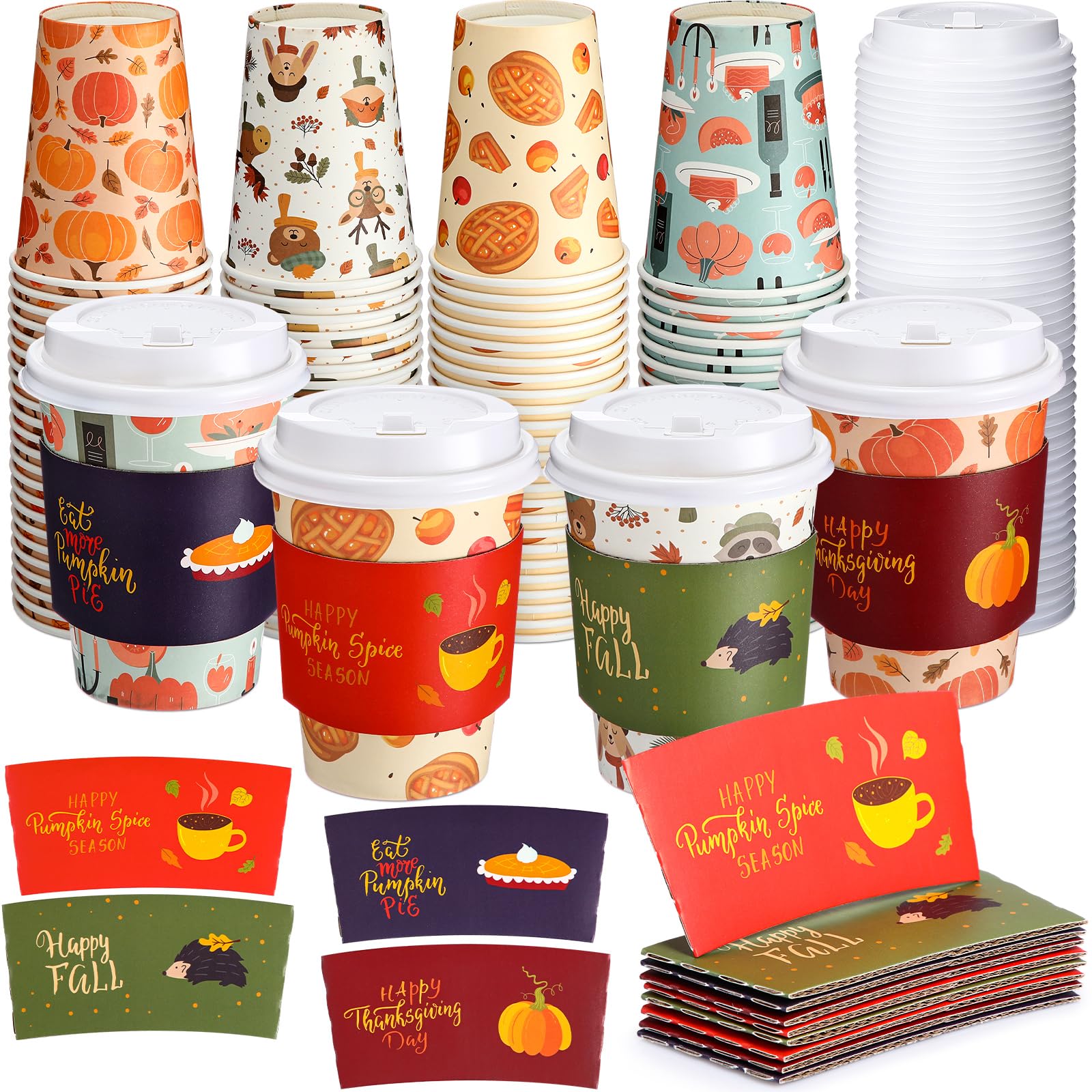 Lallisa 100 Pack 12 oz Thanksgiving Paper Coffee Cups with Lids and Sleeves Fall Disposable Coffee Cups Bulk for Autumn Thanksgi