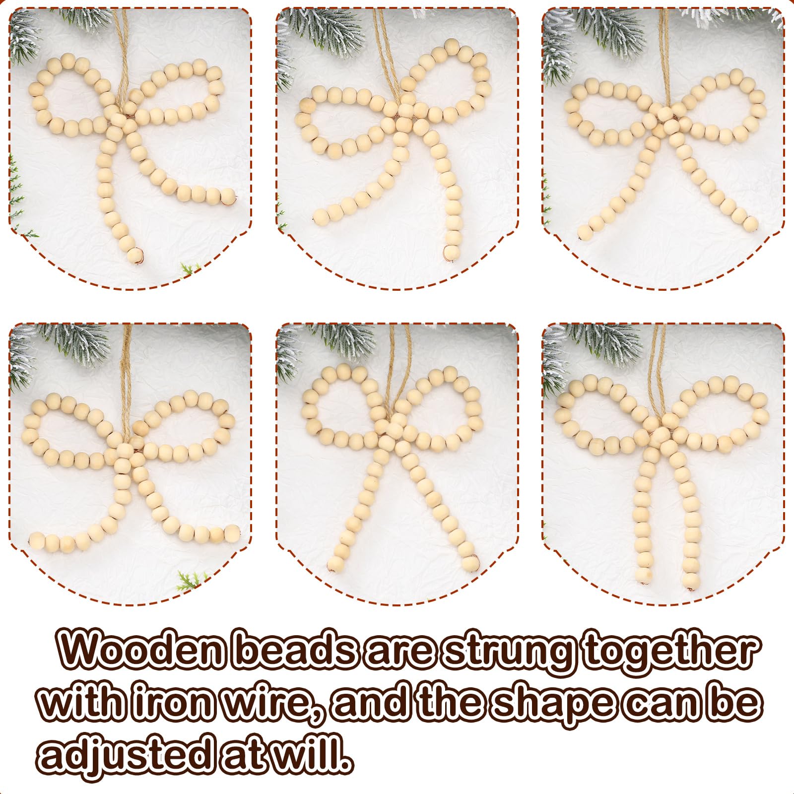 Yalikop 12 Pcs Wooden Christmas Tree Ornaments Wood DIY Beads Bow Ornament Rustic Boho Natural Bead Hanging Decorative for Xmas