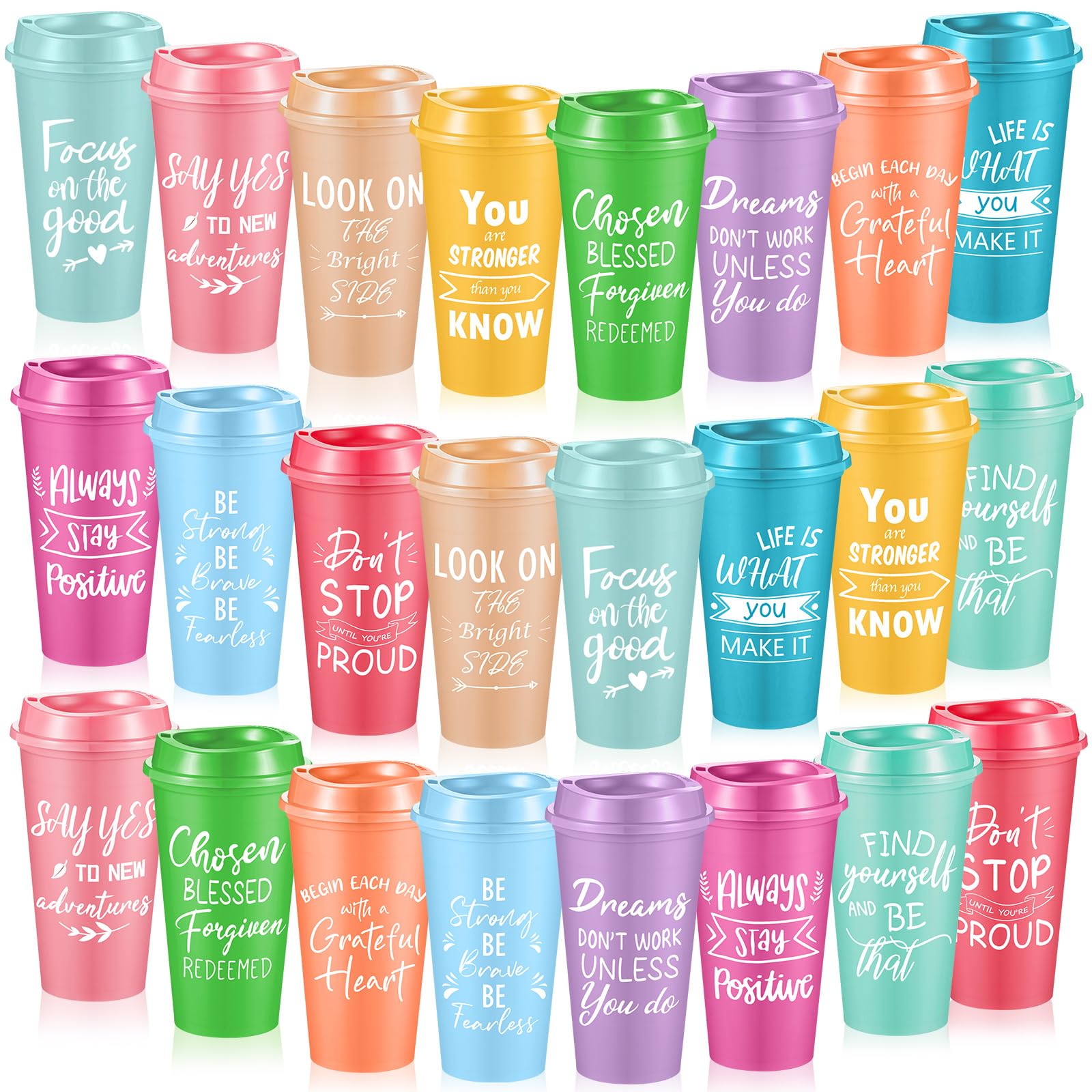 FillTouch 24 Pcs Inspirational Cups Bulk Employee Appreciation Gifts, 16 oz Reusable Plastic Coffee Cups for Coworkers, Staff, T