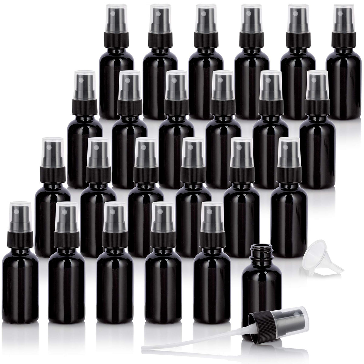 Juvitus 1 Oz / 30 Ml Black Glass Boston Round Bottle With Black Fine Mist Spray + Funnel (24 Pack)