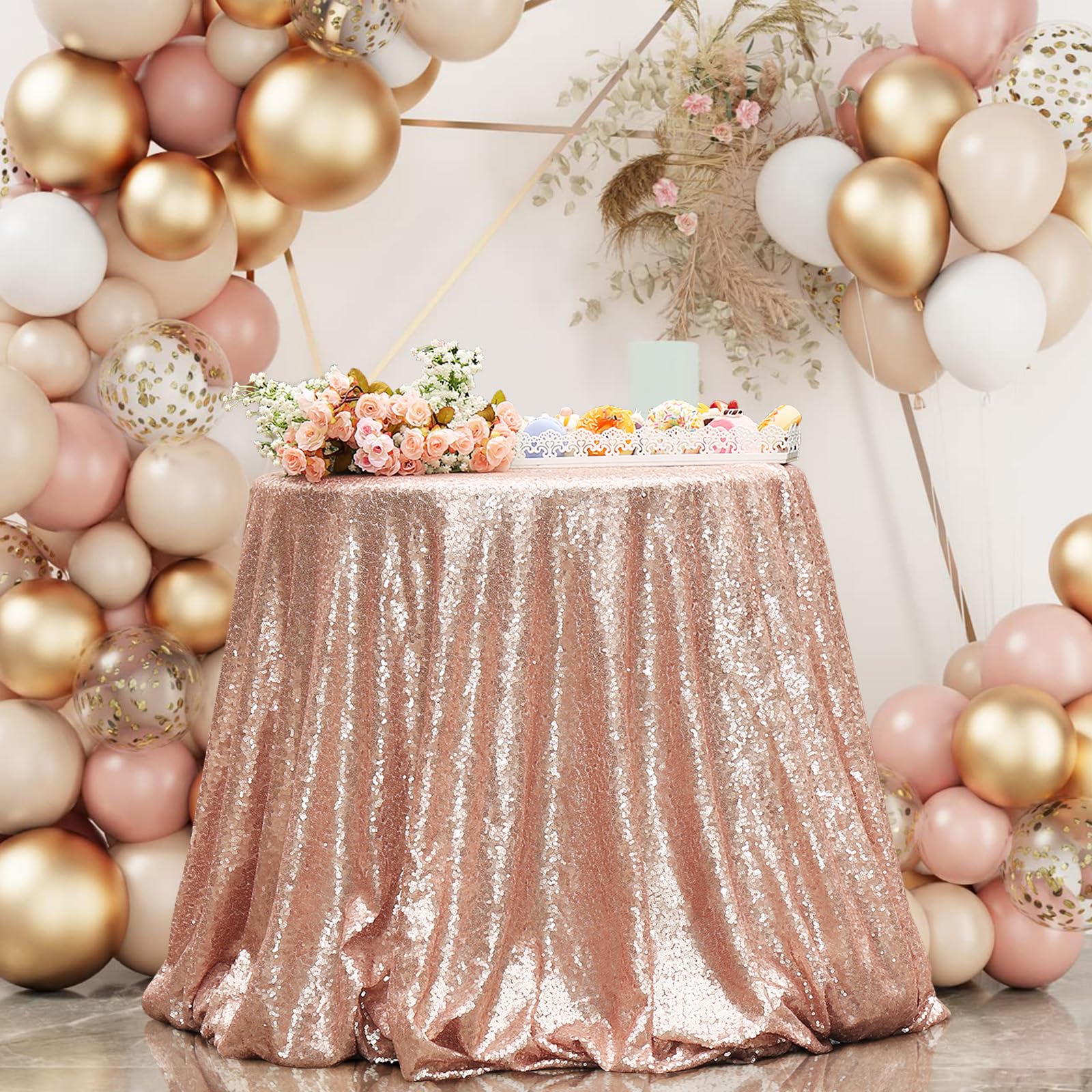 PartyDelight Sequin Tablecloth Round 50 inch Rose Gold for Wedding Party Birthday Bridal Baby Shower and Other Events Decoration