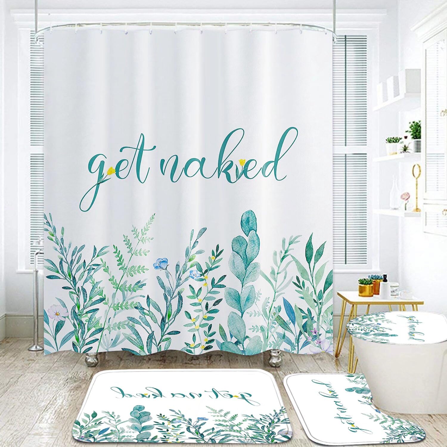 Ddqq 4Pcs Spring Dragonfly Shower Curtain Set Yellow Flower Bathroom Sets With Rugs, Green Leaf Bathroom Shower Curtain Set With