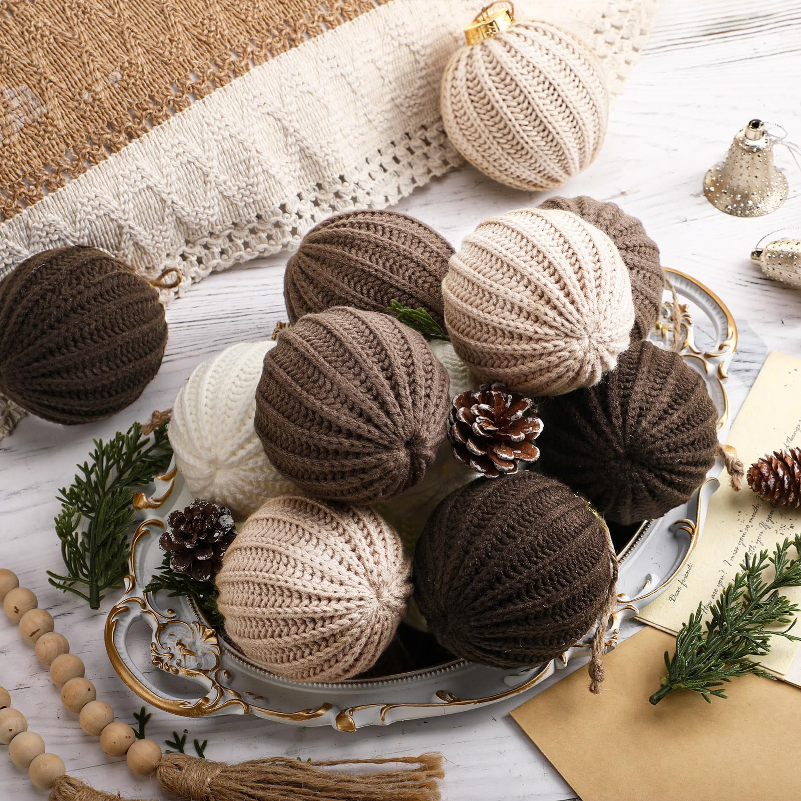 VioraWhite 12 Pcs Neutral Christmas Ornaments, 3.15 Inch Brown Crochet Christmas Balls Modern Rustic Handmade Knitted Woven Cott