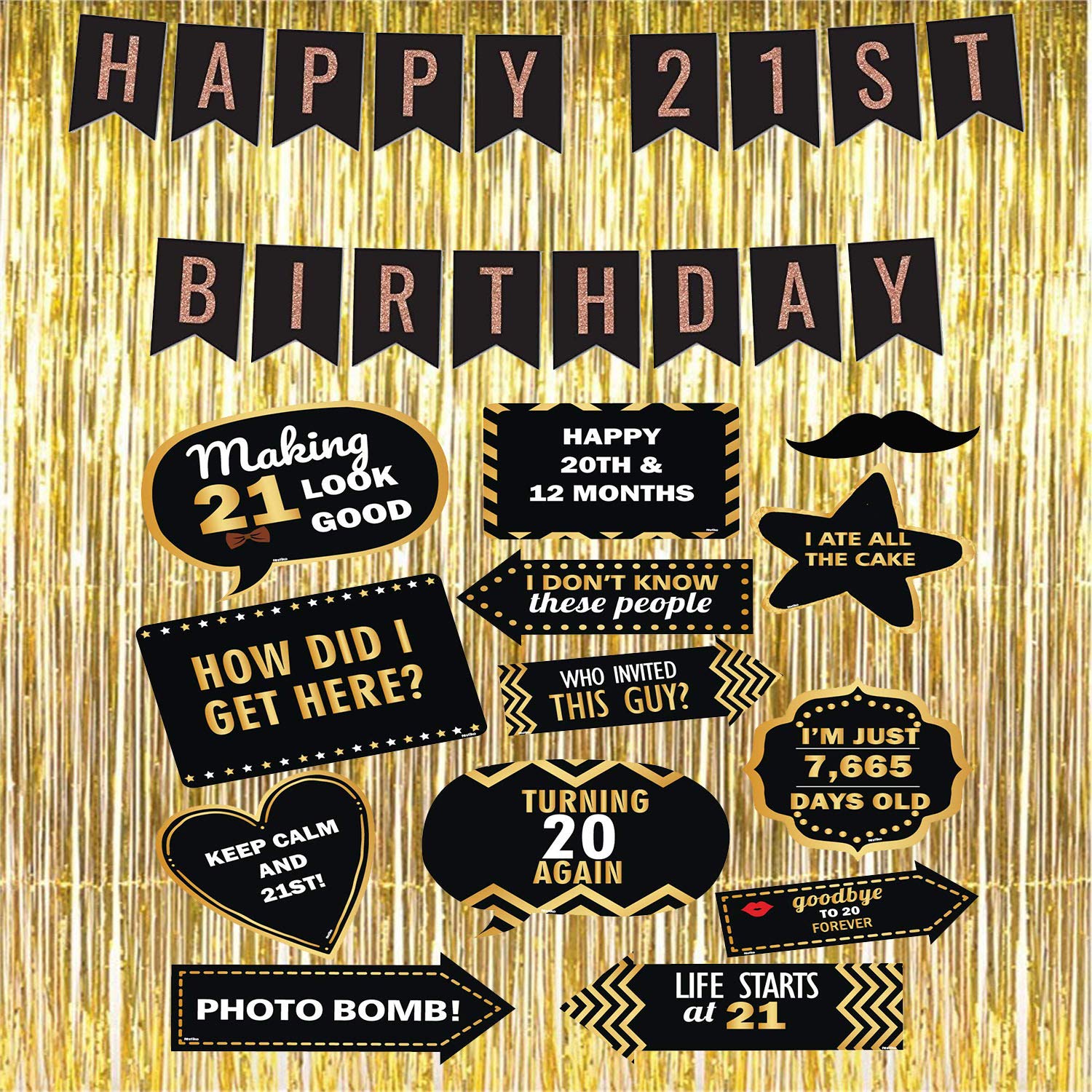 Festiko Golden 21st Birthday Decoration Set (13pcs Photo Booth Props+1 Set Happy 21st Birthday Photo Banner+3ft*6ft Golden Foil 
