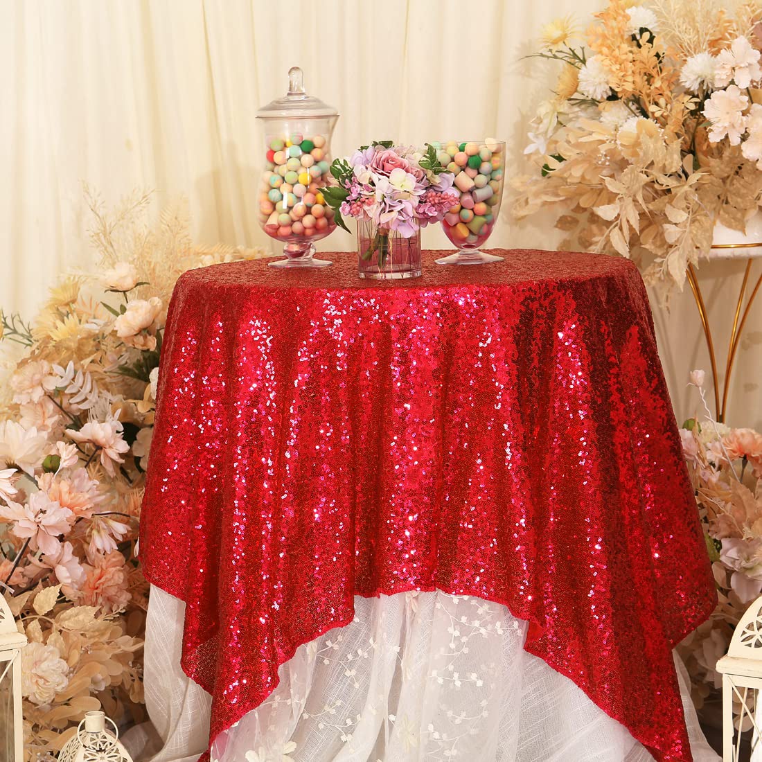 Partydelight Sequin Tablecloth, Sparkly Skirt, Christmas Decor, 50''X50'', Dark Red