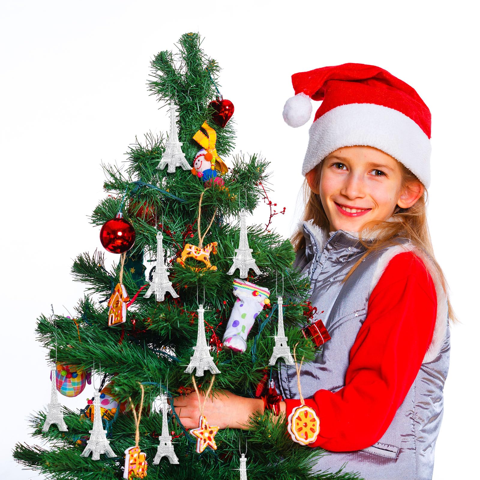 Thyle 24 Pcs Eiffel Tower Christmas Tree Ornaments Silver Glitter Paris Decorations Acrylic Eiffel Tower Hanging Ornaments for C