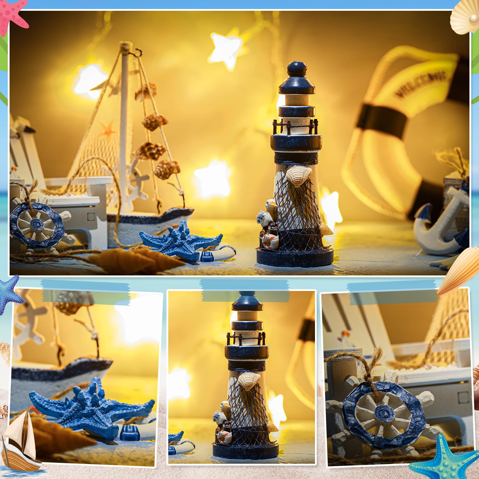 Yousoontic 14 Pack Mini Wood Nautical Home Decor Mediterranean Style Lighthouse, Beach Chair, Sailboat, Wood Box, Anchor, Life R