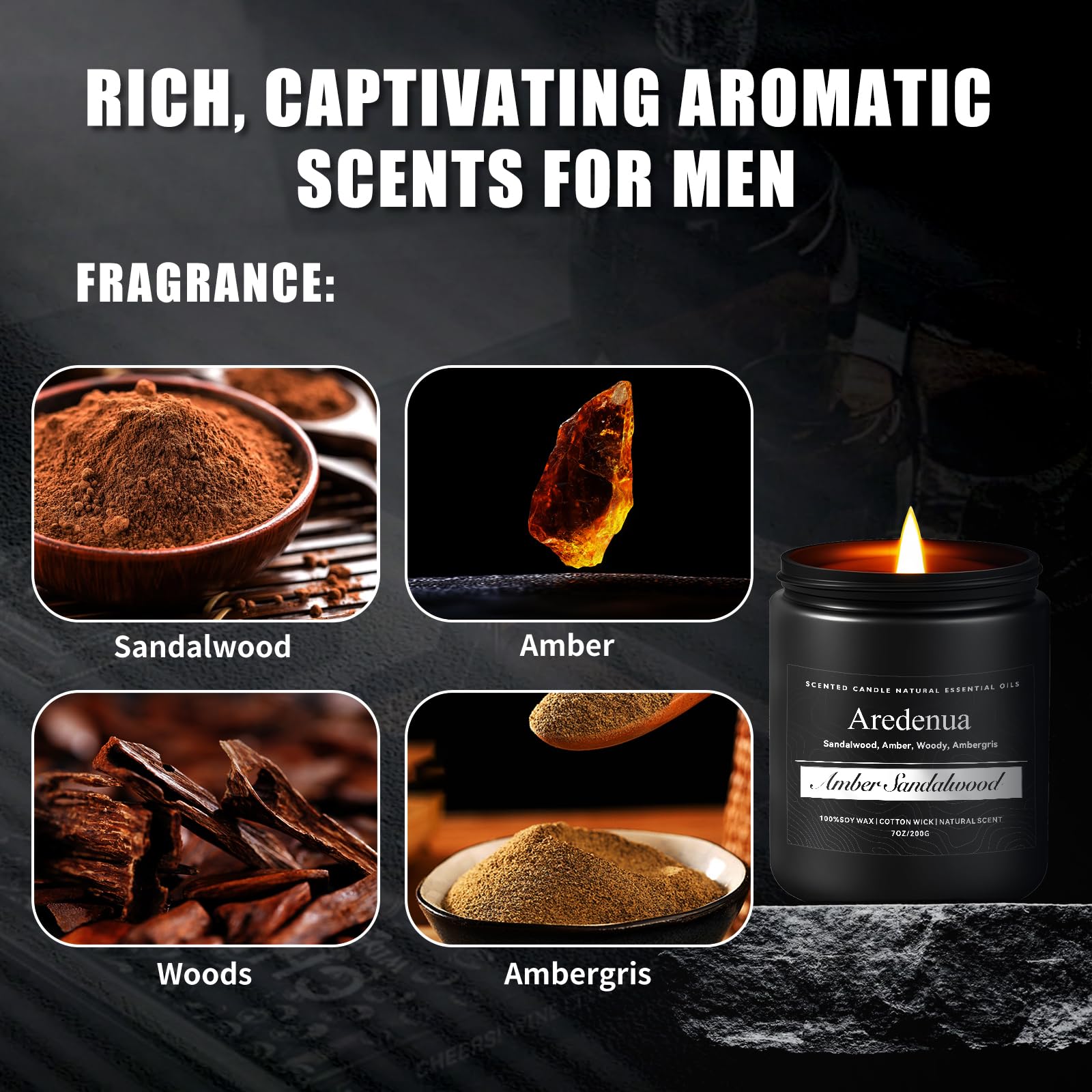 Amber Sandalwood Candle | Masculine Candles, Manly Scented Candles - 7oz Soy Candles for Relaxation & Home, Long Lasting Clean B