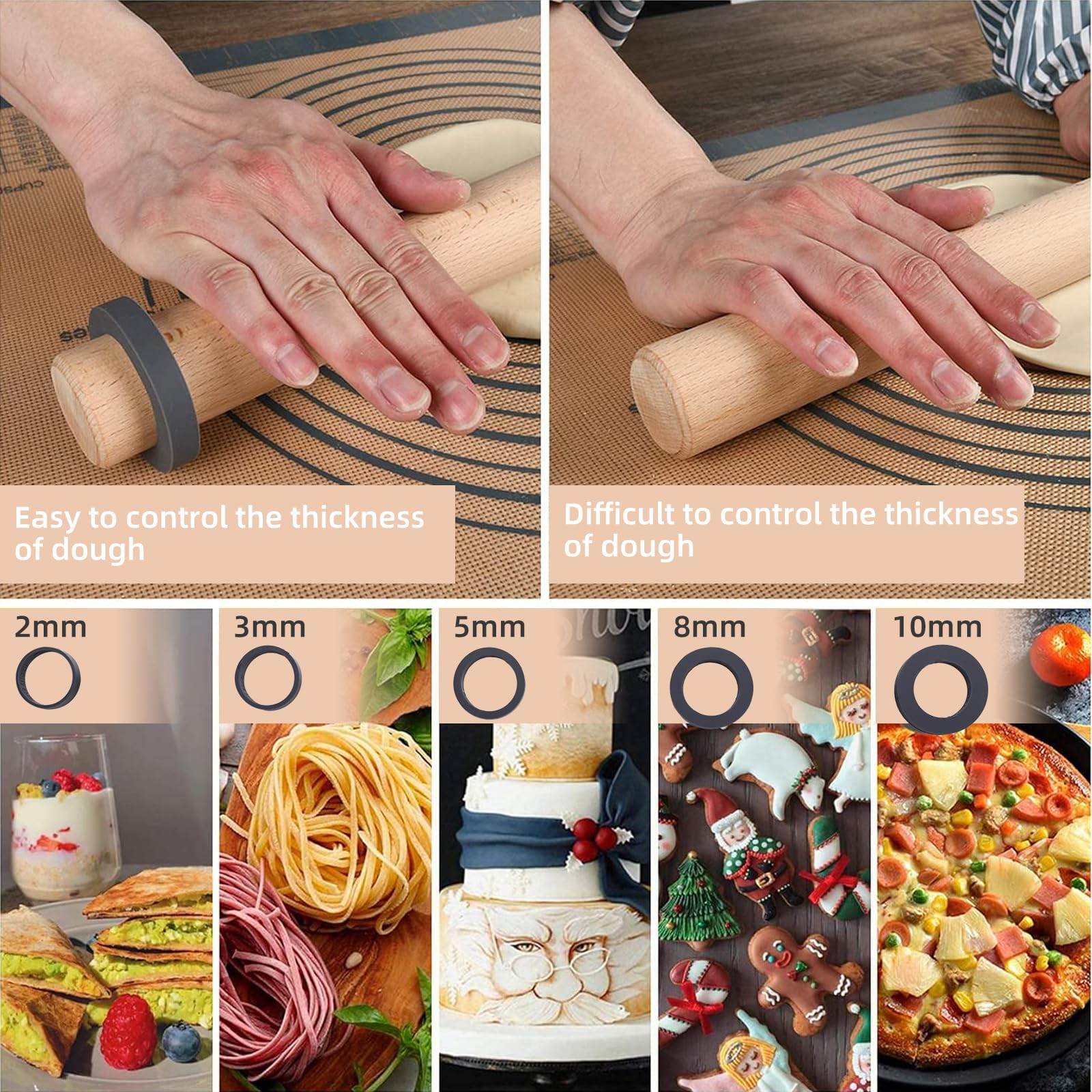 Adjustable Wood Rolling Pin With Thickness Rings For Baking -Non Stick Wooden Dough Roller Pin With Spacer Bands For Cookie,Pie