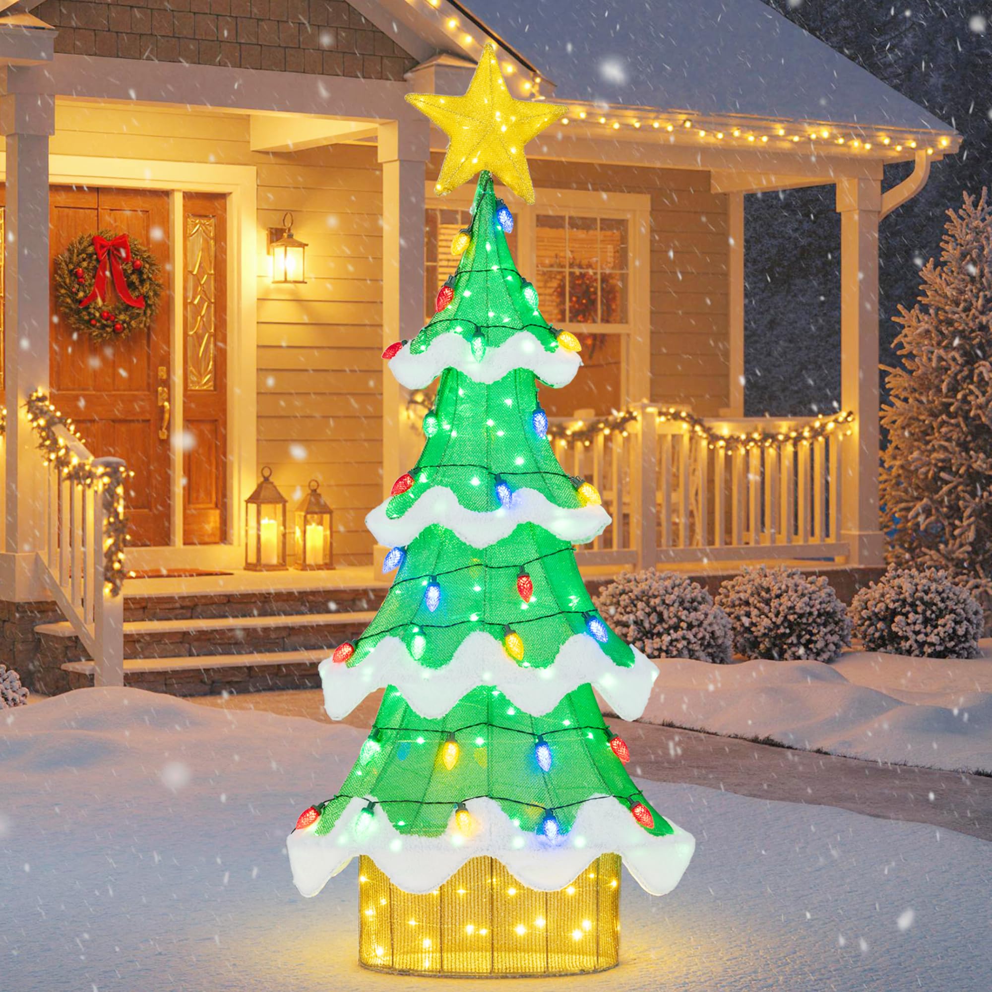 Tangkula 5.2 FT Christmas Lighted Tree, Indoor Outdoor 3D Pre-Lit Xmas Tree with 34 Colorful Strawberry Bulbs, Green & Warn Yell