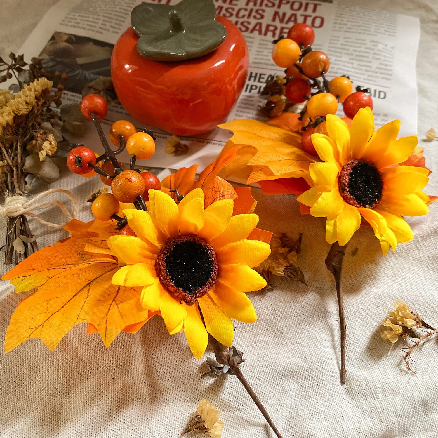 Adurself 6 Pack Fall Stems Artificial Berry Picks Fall Picks with Sunflowers Maple Leaves Branches Decorations for Harvest Autum