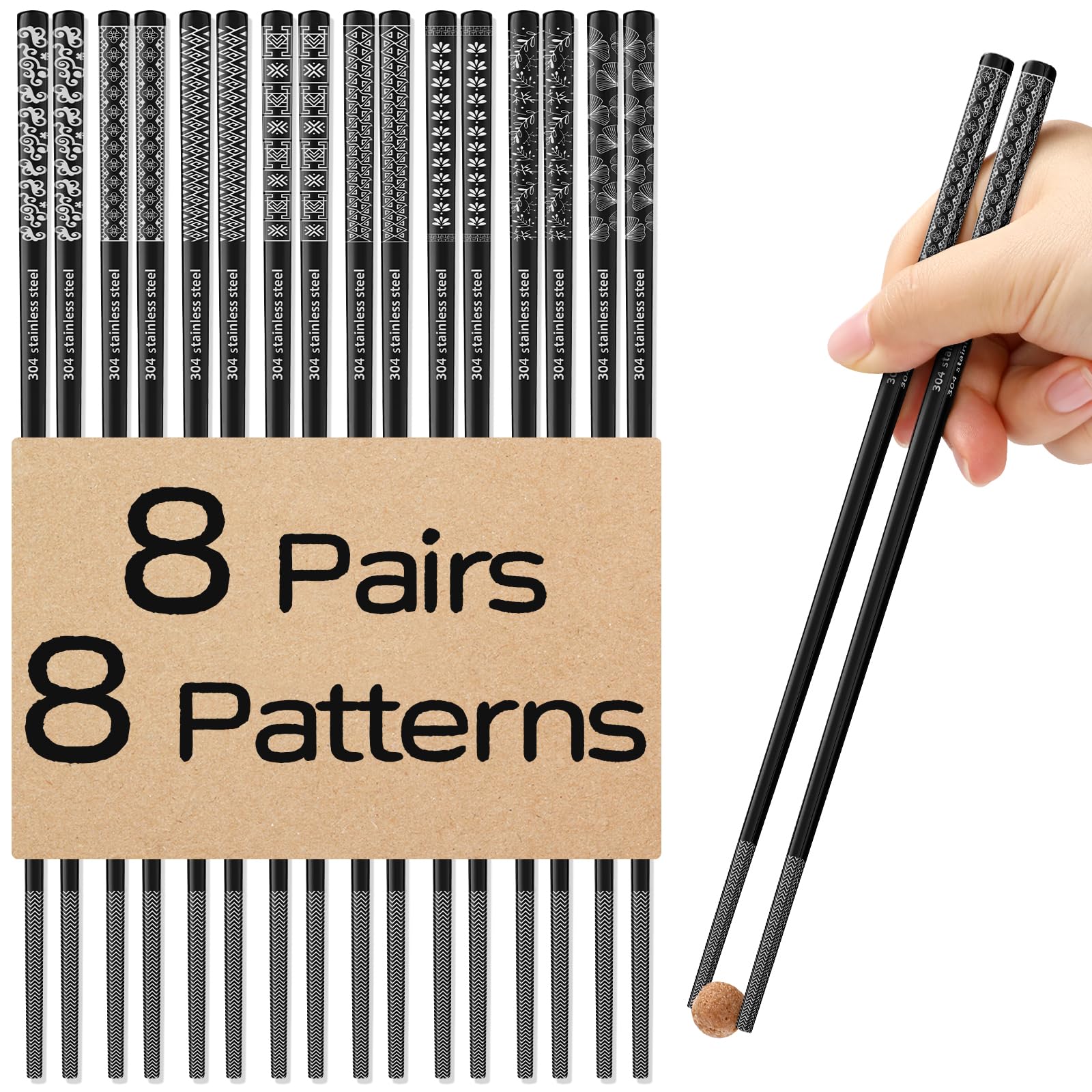 8 Pairs Metal Chopsticks Reusable Black Stainless Steel Chopsticks Set Laser Engraved Non-slip Japanese Korean Chinese Chopstick